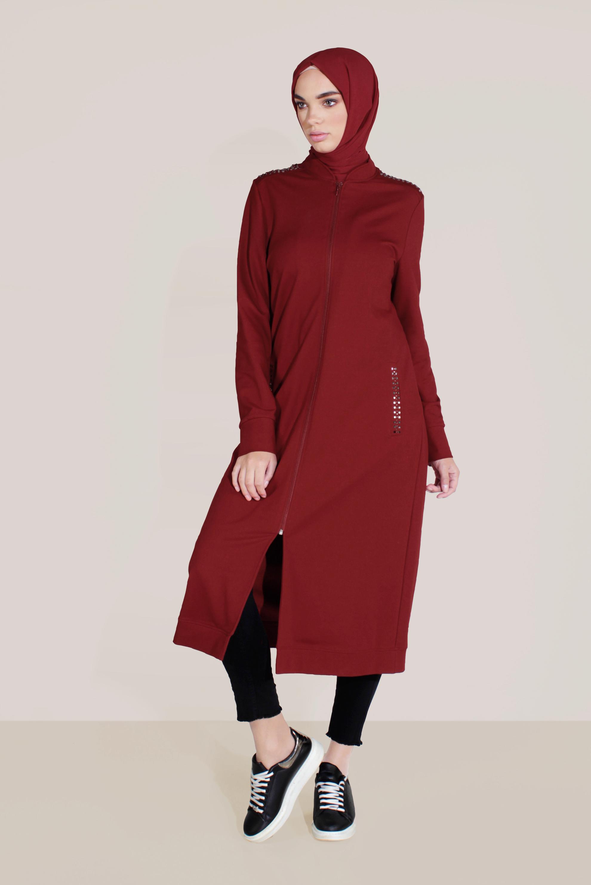 Tesettür giyim BORDO PAMUKLU HAKİM YAKA EŞOFMAN TUNİK 40722