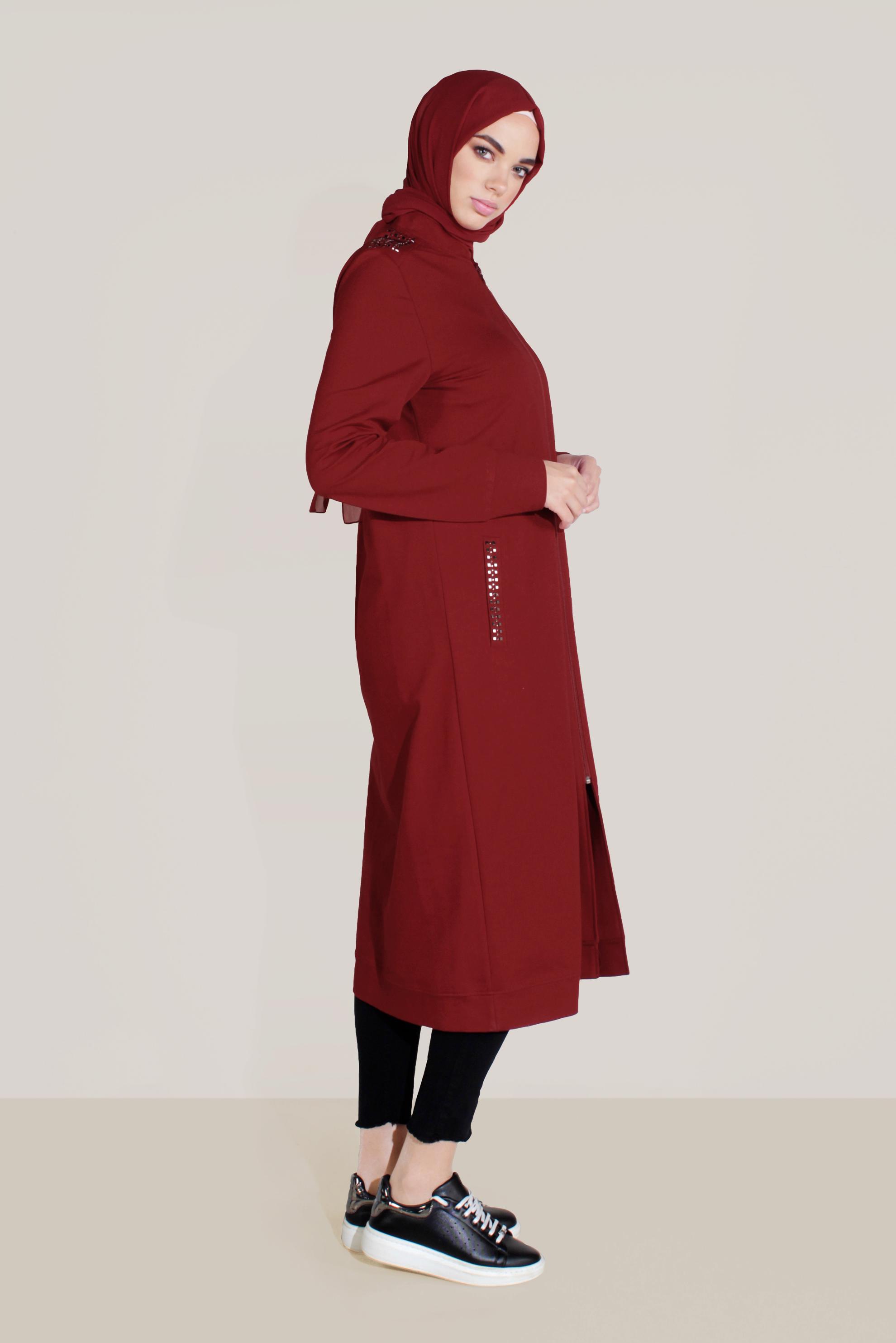 Tesettür giyim BORDO PAMUKLU HAKİM YAKA EŞOFMAN TUNİK 40722