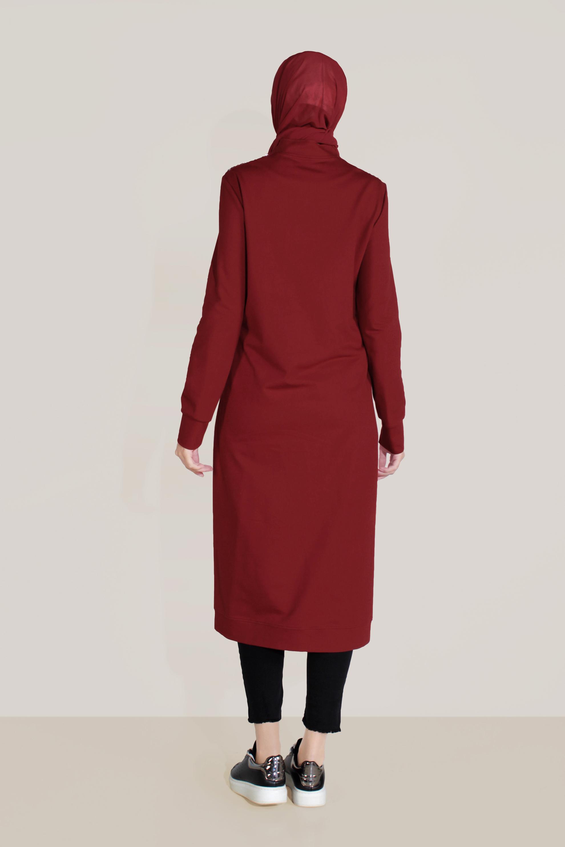 Tesettür giyim BORDO PAMUKLU HAKİM YAKA EŞOFMAN TUNİK 40722