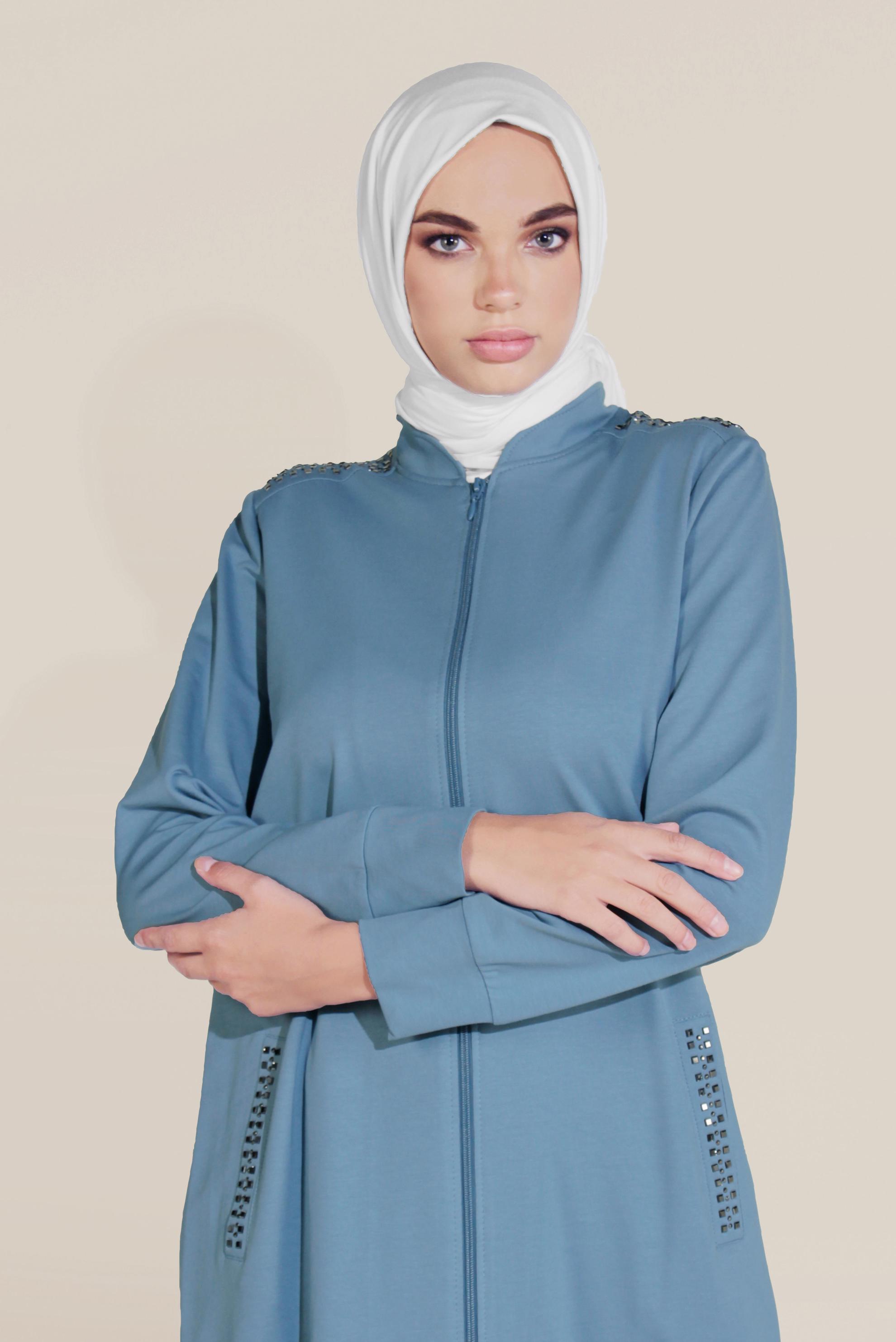 Tesettür giyim MAVİ PAMUKLU HAKİM YAKA EŞOFMAN TUNİK 40722