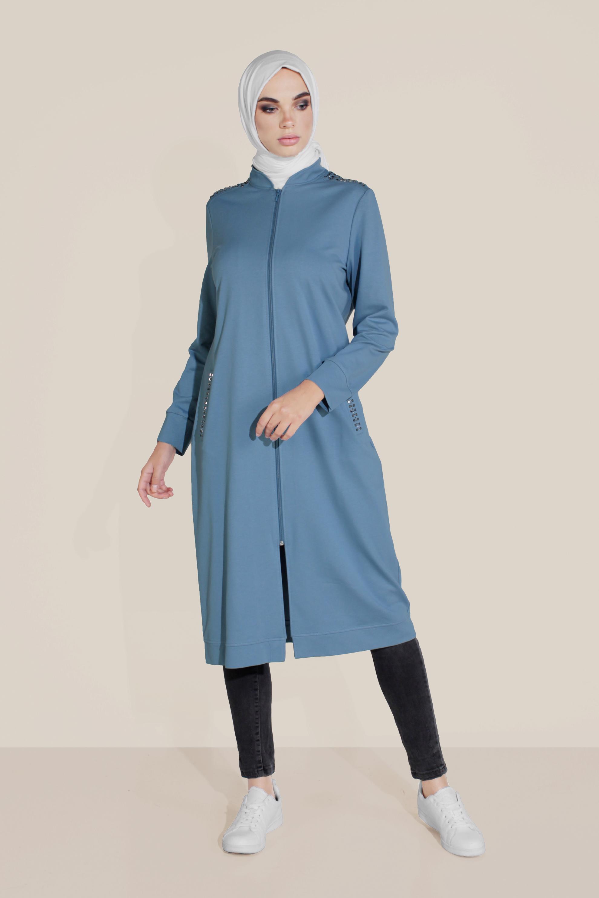 Tesettür giyim MAVİ PAMUKLU HAKİM YAKA EŞOFMAN TUNİK 40722