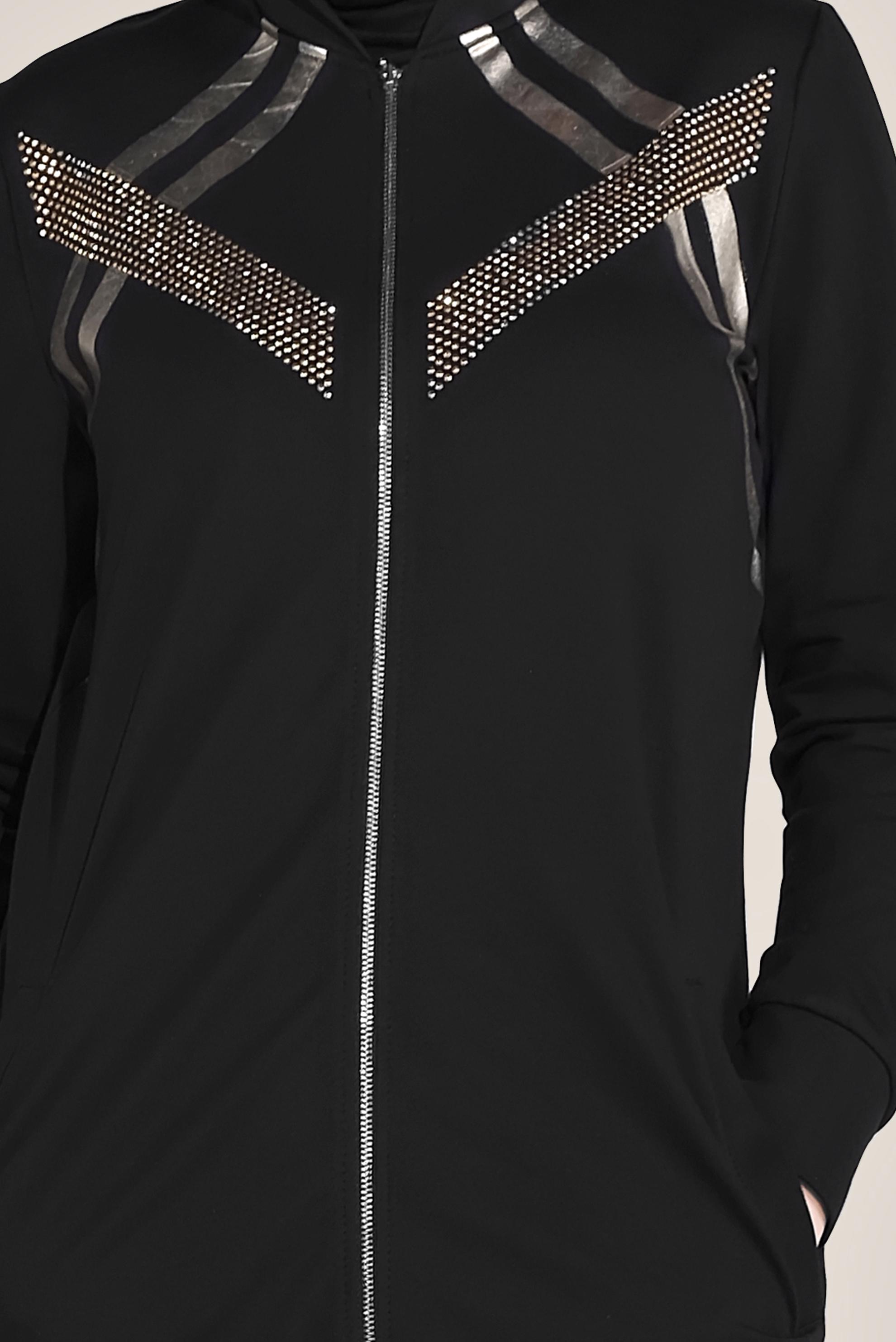 Tesettür giyim SİYAH TAŞ BASKILI ŞERİTLİ EŞOFMAN TUNİK 40723