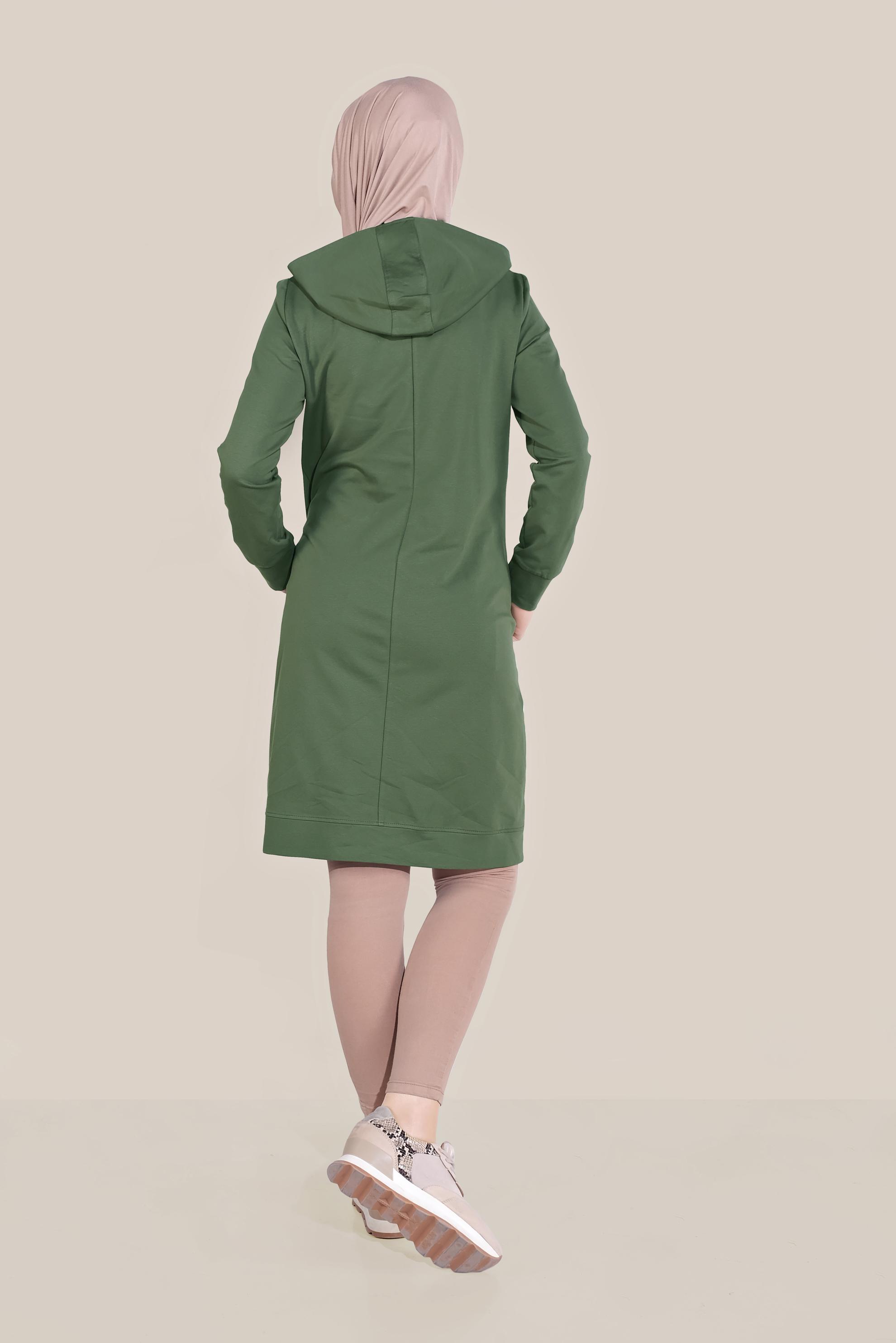 Tesettür giyim HAKİ TAŞ BASKILI ŞERİTLİ EŞOFMAN TUNİK 40723