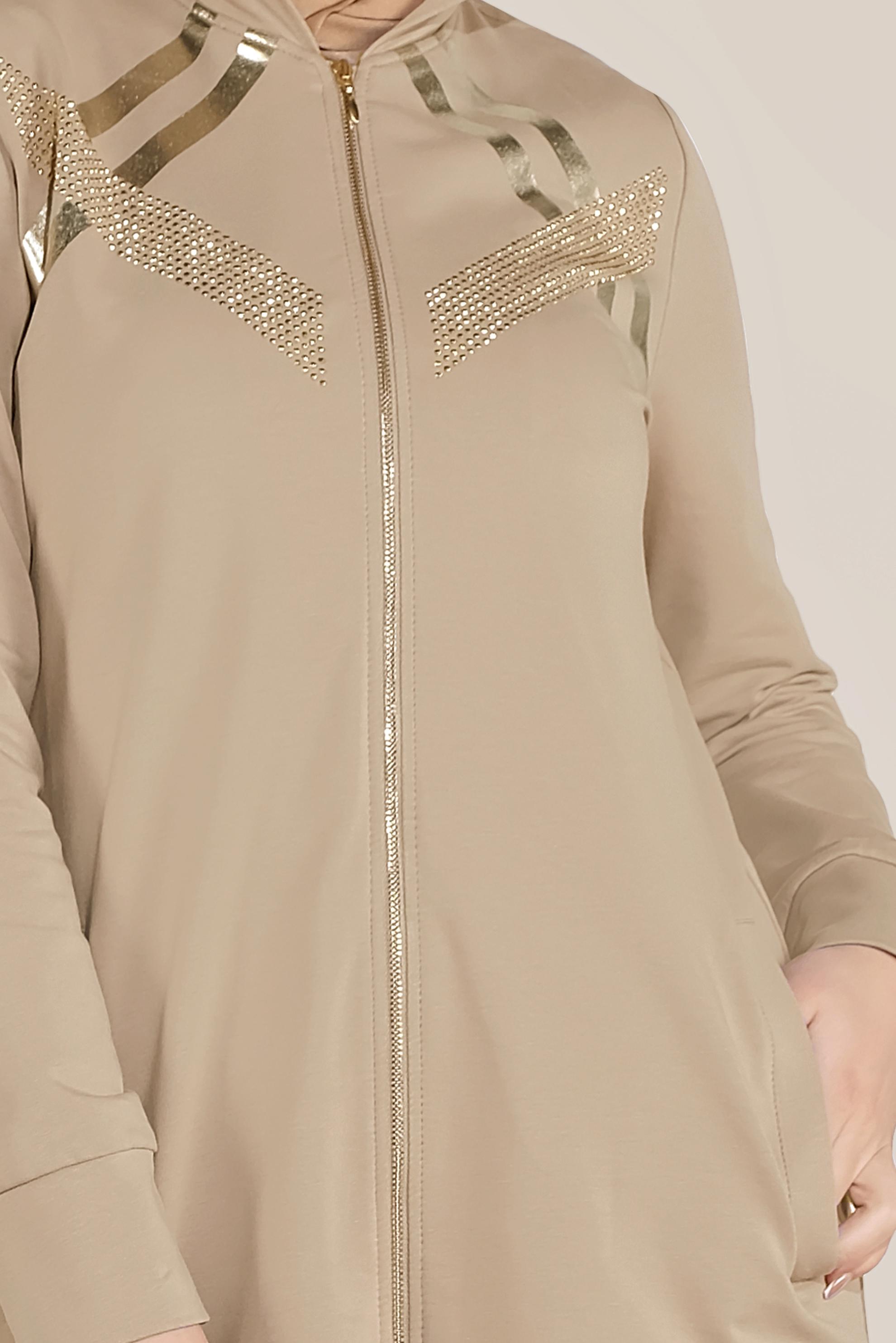 Tesettür giyim BEJ TAŞ BASKILI ŞERİTLİ EŞOFMAN TUNİK 40723