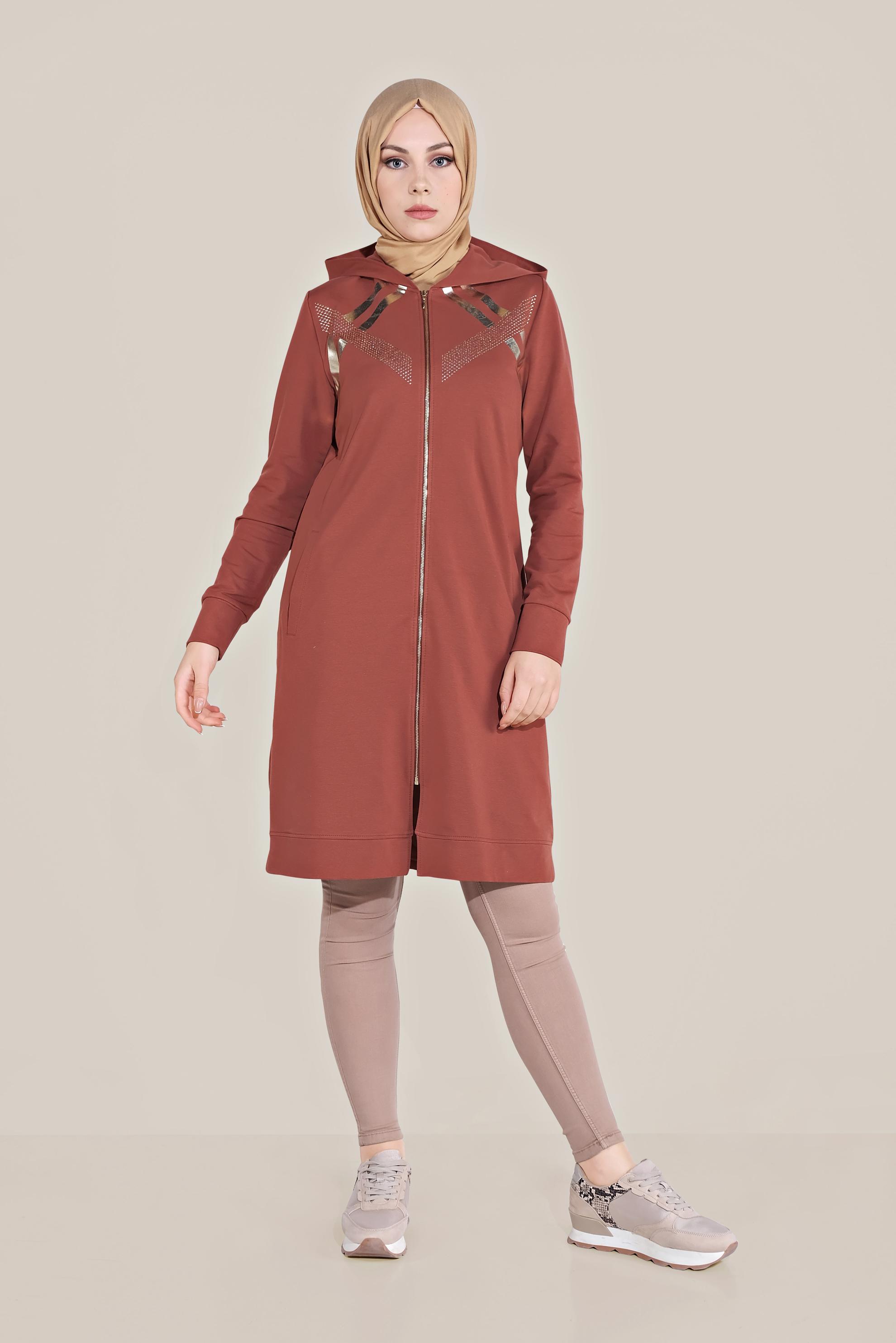 Tesettür giyim TURUNCU TAŞ BASKILI ŞERİTLİ EŞOFMAN TUNİK 40723