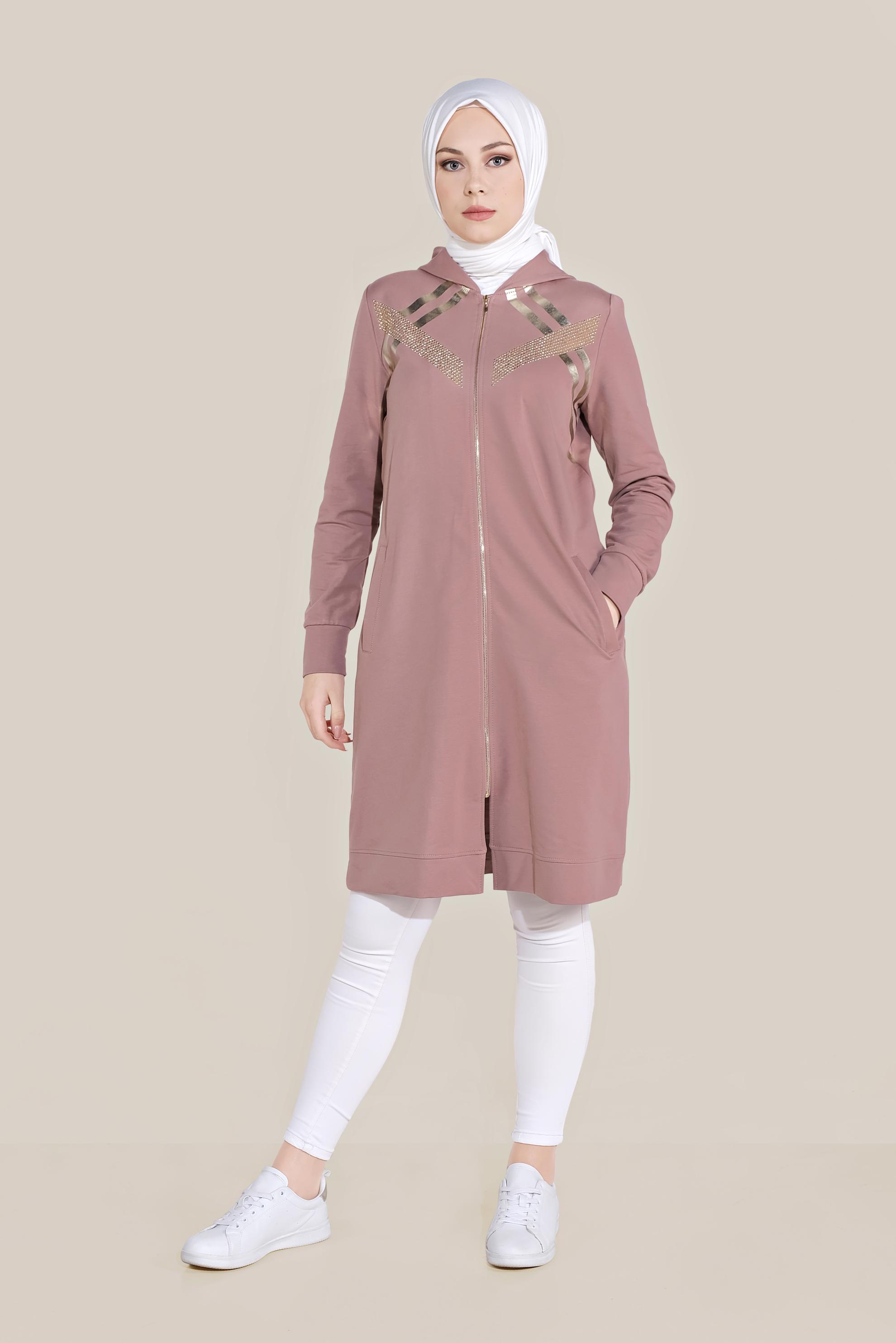 Tesettür giyim PEMBE TAŞ BASKILI ŞERİTLİ EŞOFMAN TUNİK 40723
