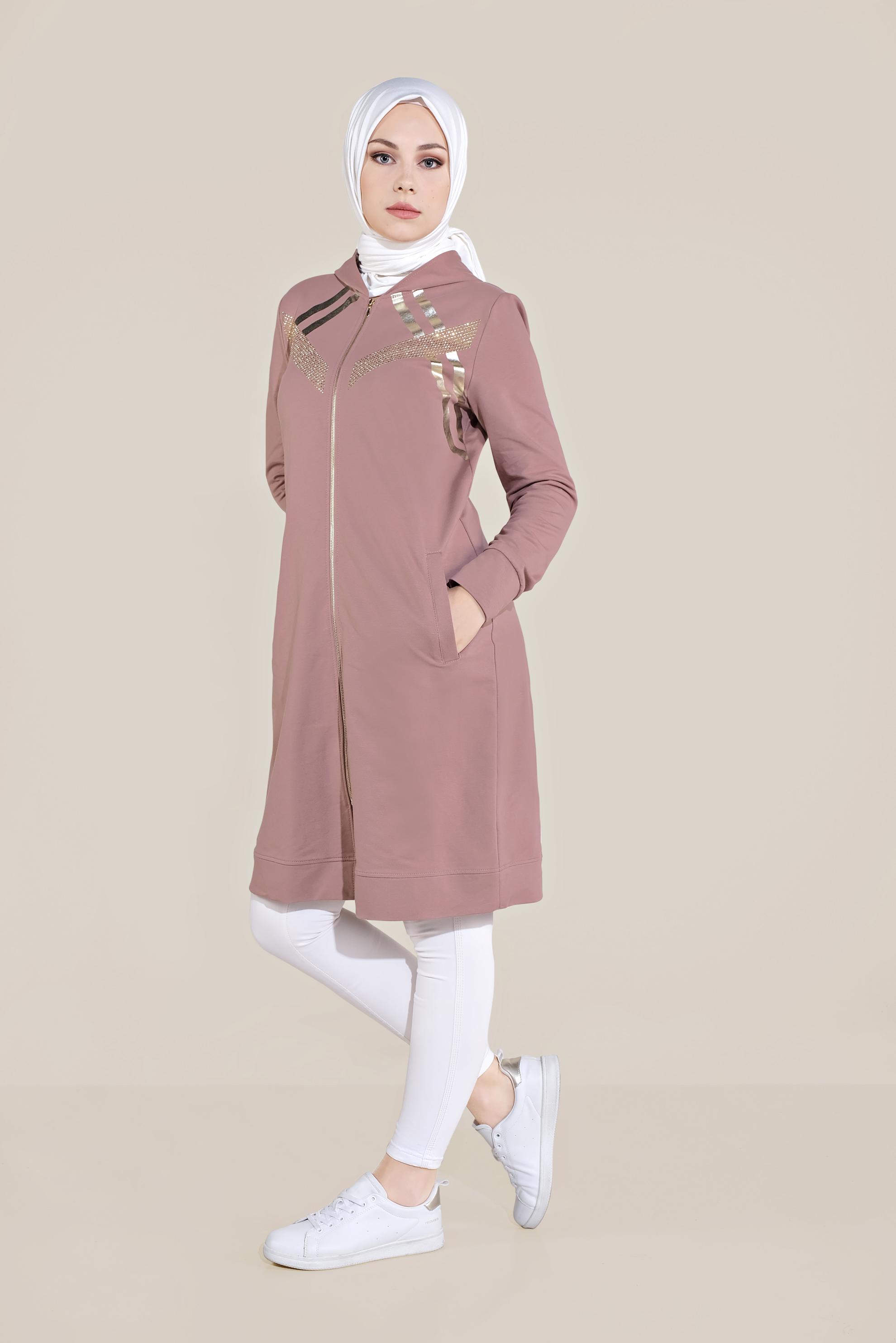 Tesettür giyim PEMBE TAŞ BASKILI ŞERİTLİ EŞOFMAN TUNİK 40723