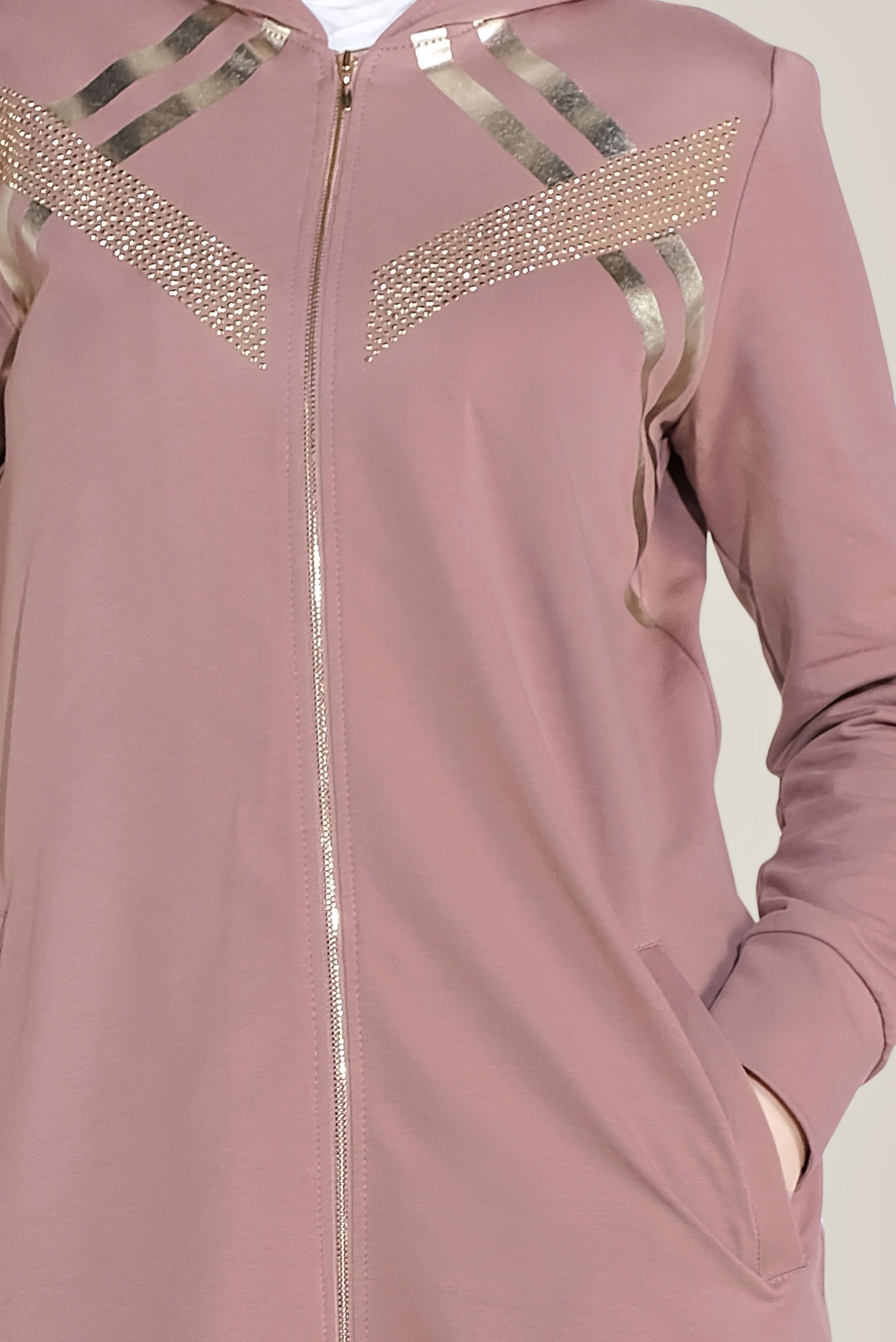 Tesettür giyim PEMBE TAŞ BASKILI ŞERİTLİ EŞOFMAN TUNİK 40723