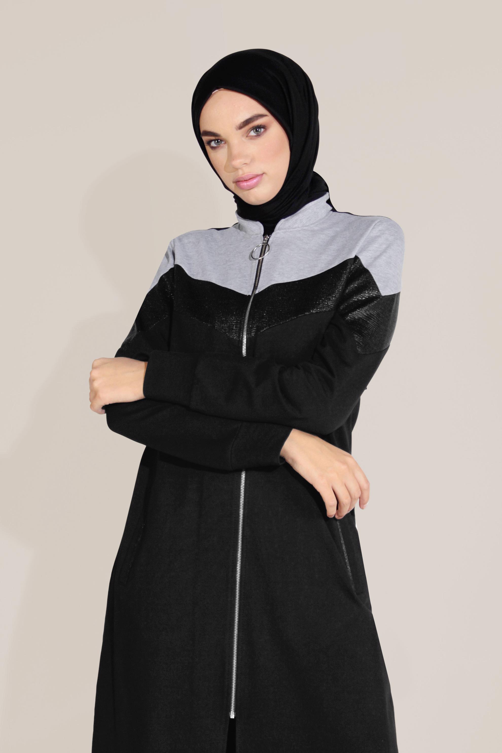 Tesettür giyim SİYAH PAMUKLU FERMUARLI HAKİM YAKA EŞOFMAN TUNİK 40724 