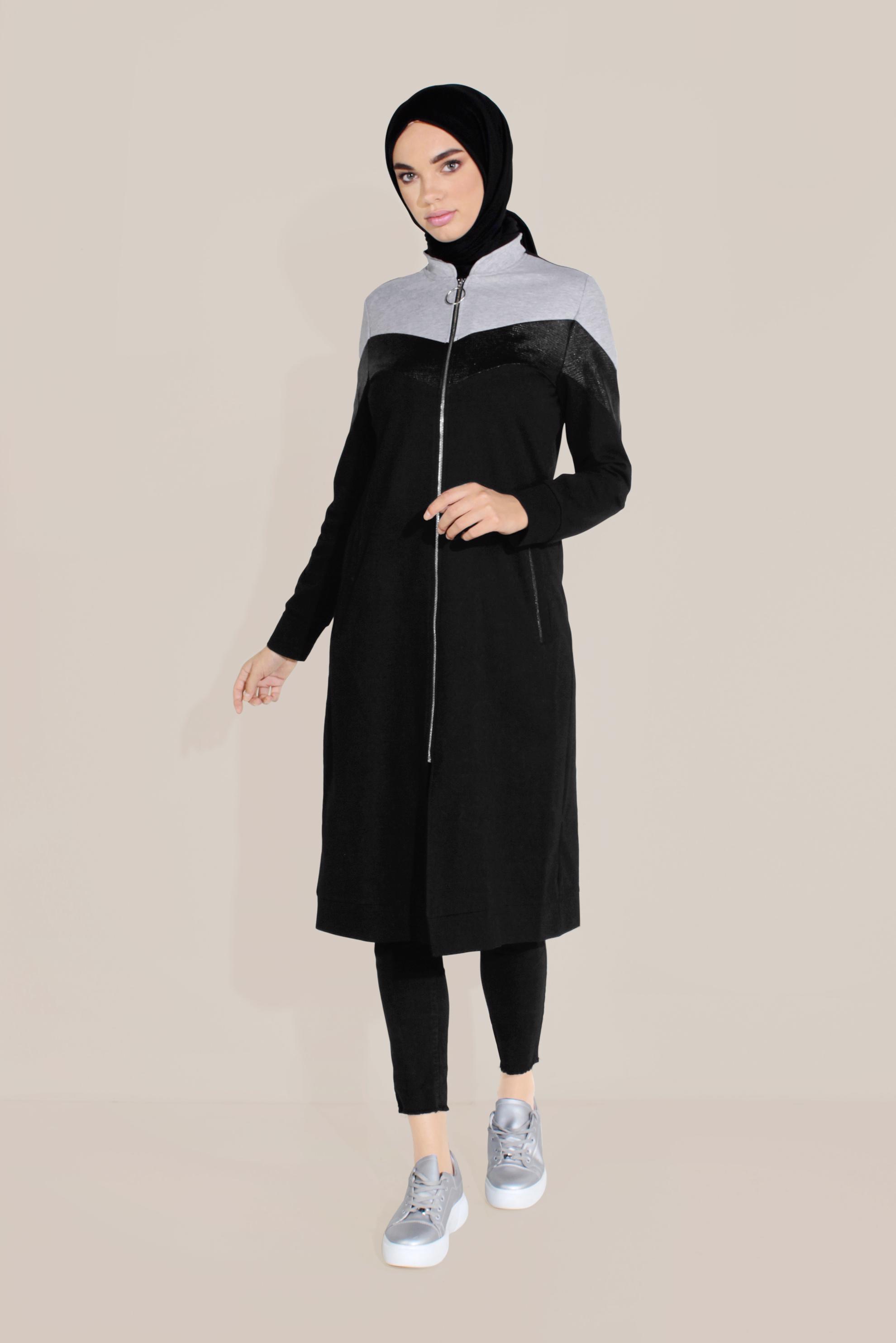 Tesettür giyim SİYAH PAMUKLU FERMUARLI HAKİM YAKA EŞOFMAN TUNİK 40724 