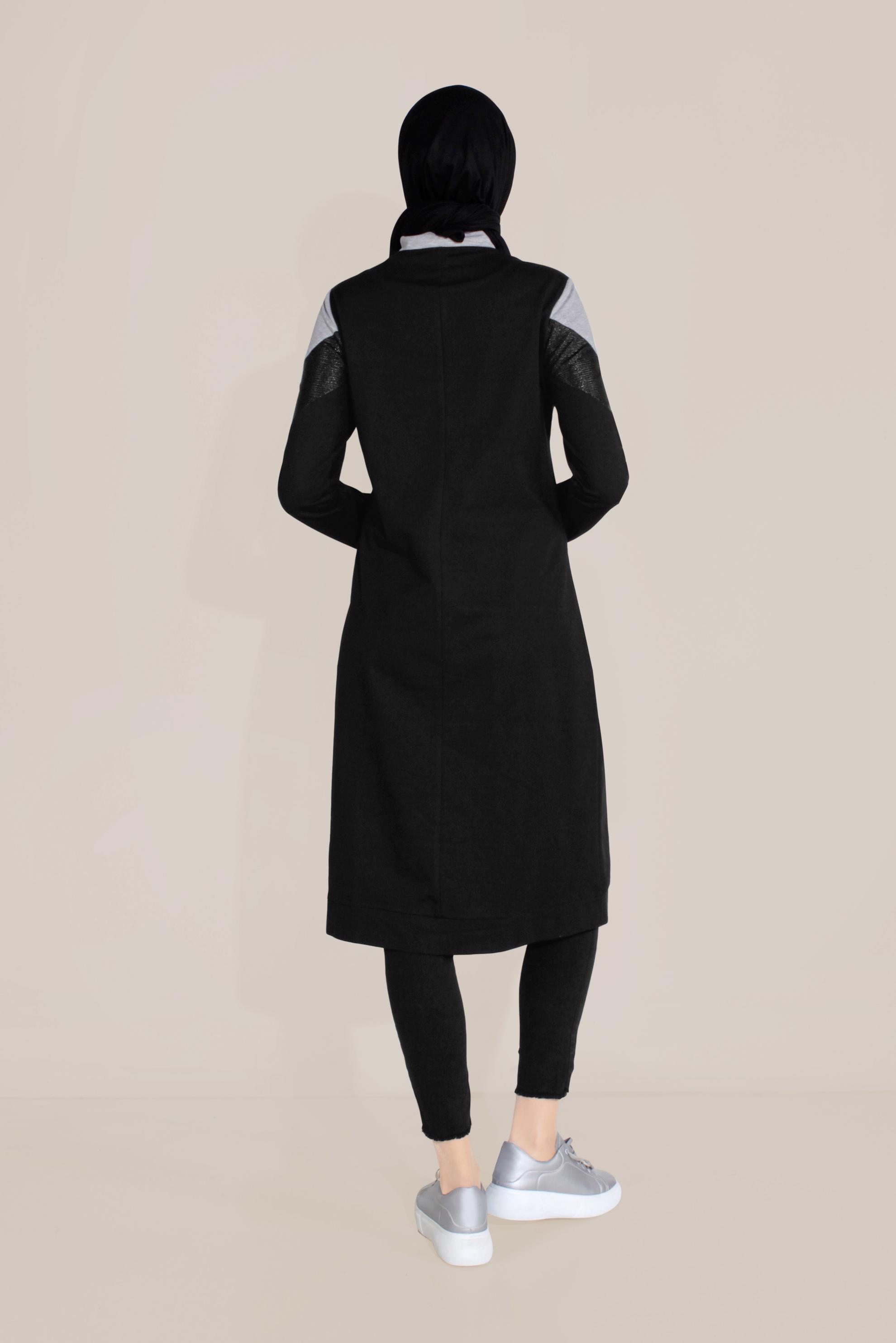 Tesettür giyim SİYAH PAMUKLU FERMUARLI HAKİM YAKA EŞOFMAN TUNİK 40724 