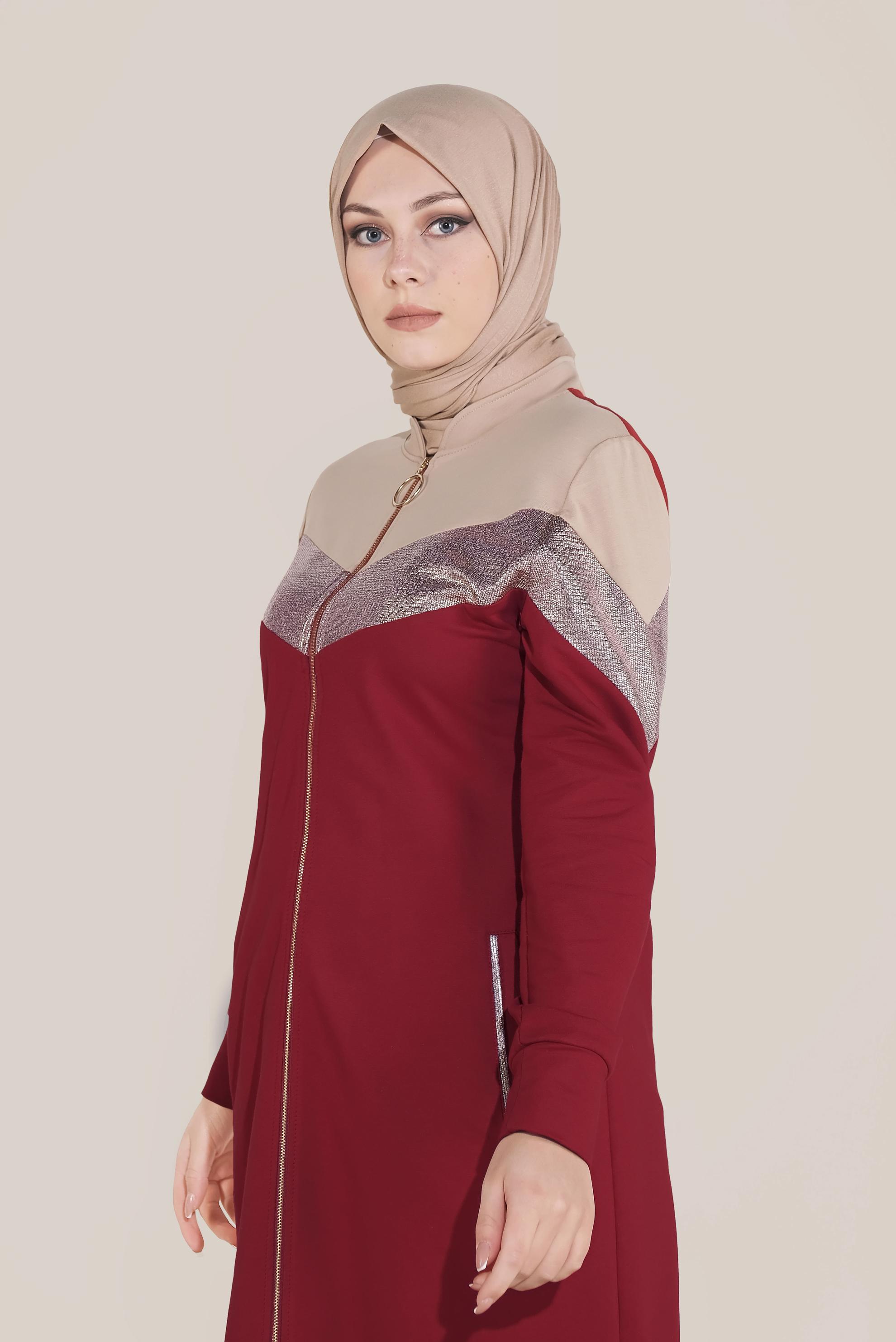 Tesettür giyim KIRMIZI PAMUKLU FERMUARLI HAKİM YAKA EŞOFMAN TUNİK 40724 