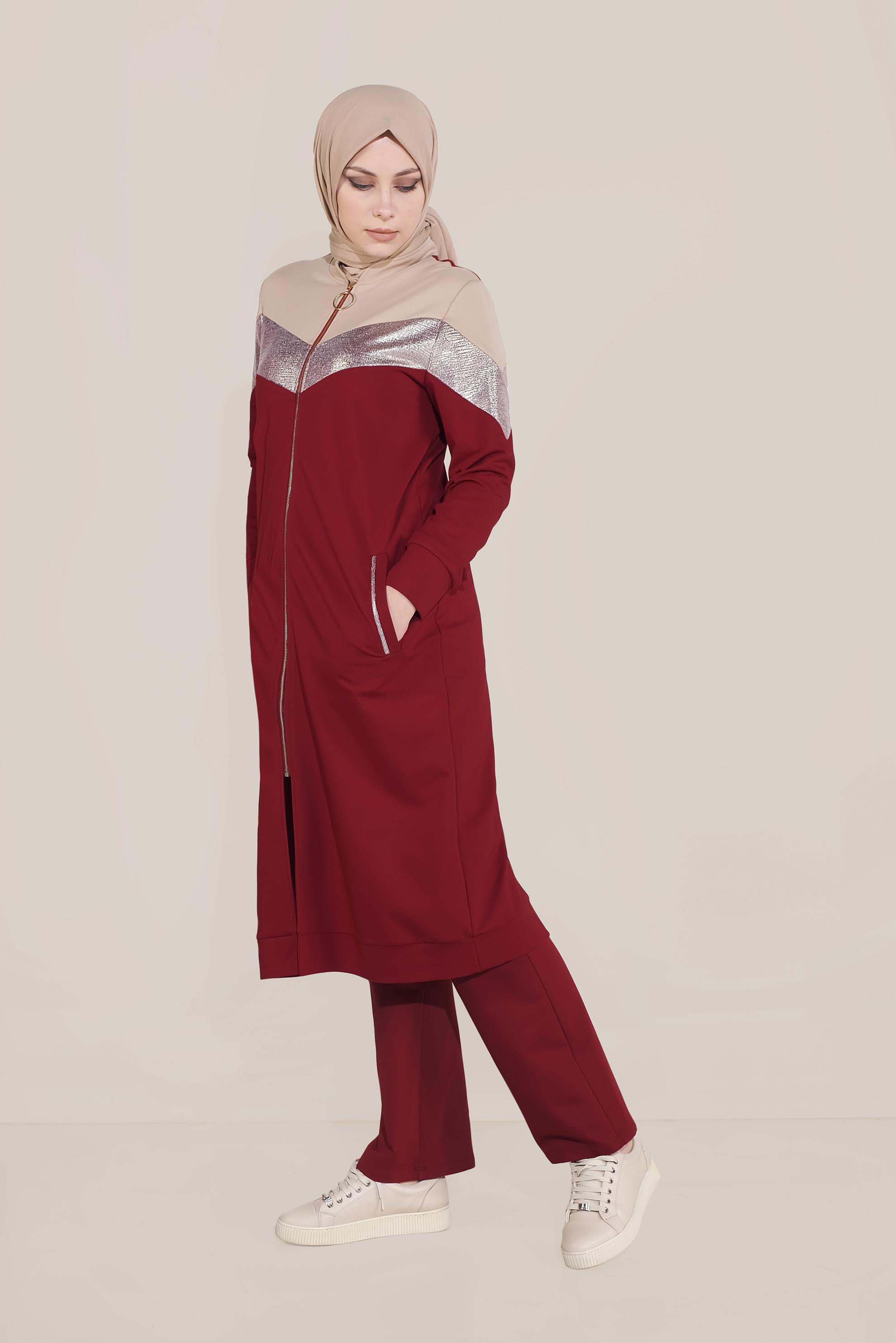 Tesettür giyim KIRMIZI PAMUKLU FERMUARLI HAKİM YAKA EŞOFMAN TUNİK 40724 