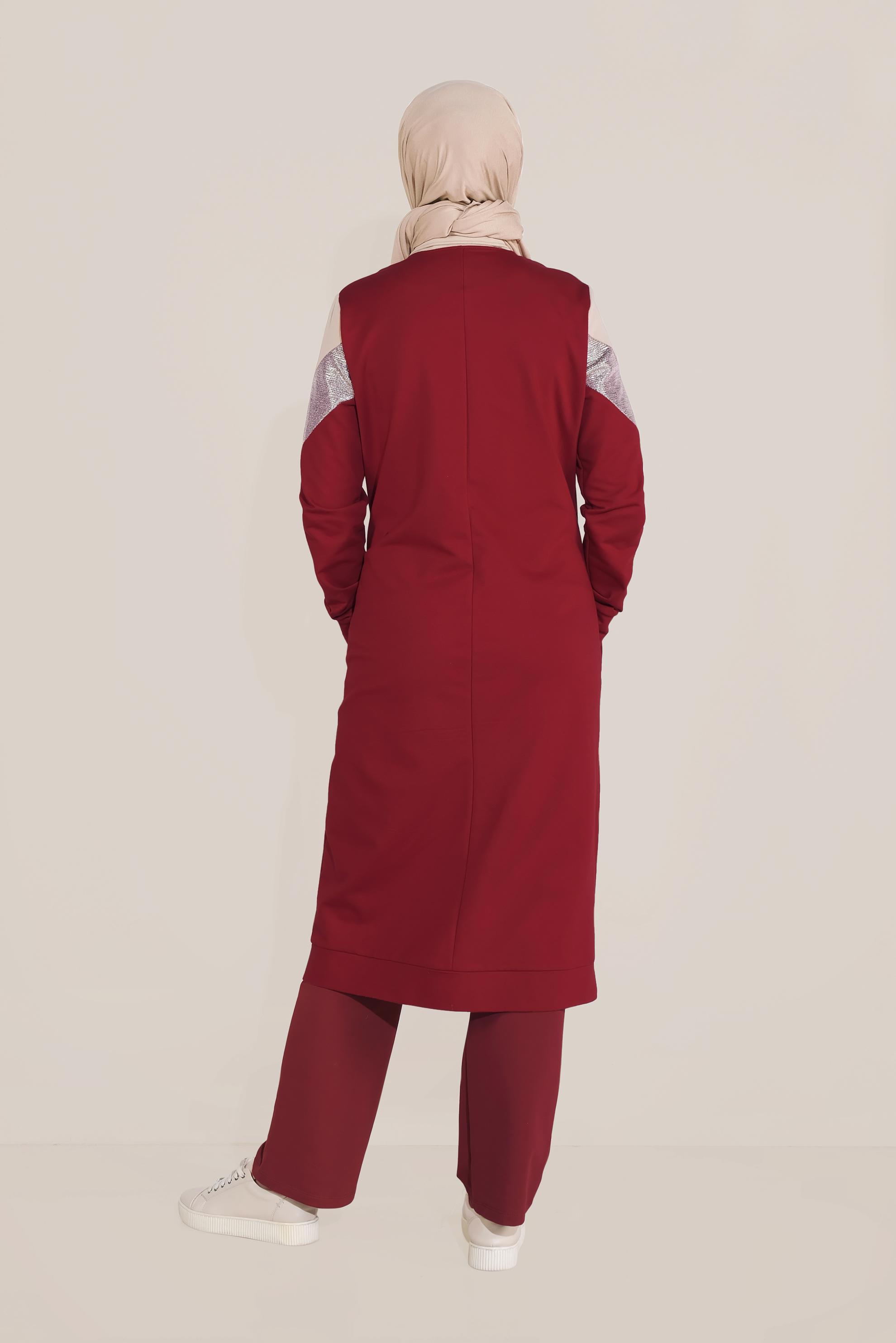 Tesettür giyim KIRMIZI PAMUKLU FERMUARLI HAKİM YAKA EŞOFMAN TUNİK 40724 