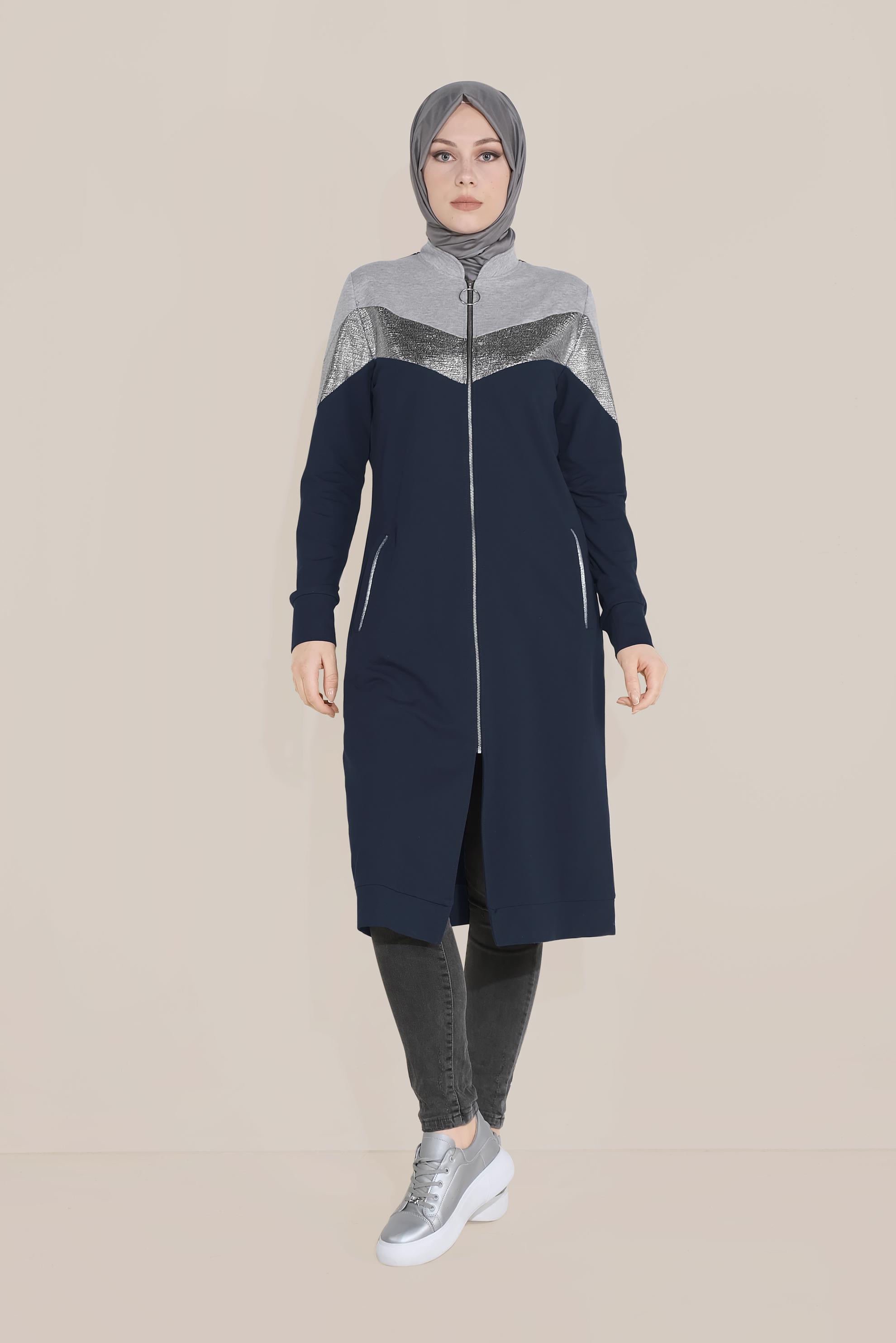 Tesettür giyim LACİVERT PAMUKLU FERMUARLI HAKİM YAKA EŞOFMAN TUNİK 40724 