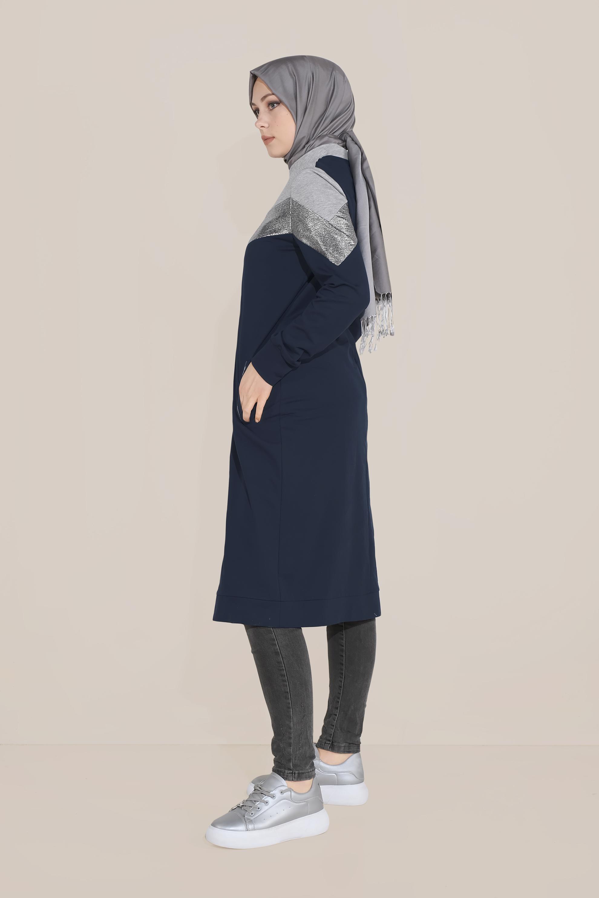 Tesettür giyim LACİVERT PAMUKLU FERMUARLI HAKİM YAKA EŞOFMAN TUNİK 40724 