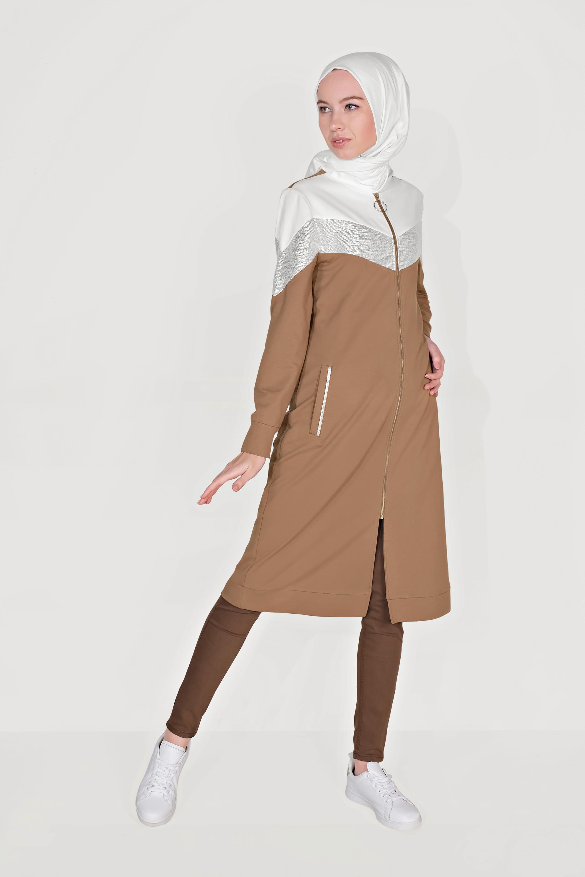 Hijab clothing BROWN ZIPPED COTTON TRACKSUIT TUNIC WITH MANDARIN COLLAR 40724