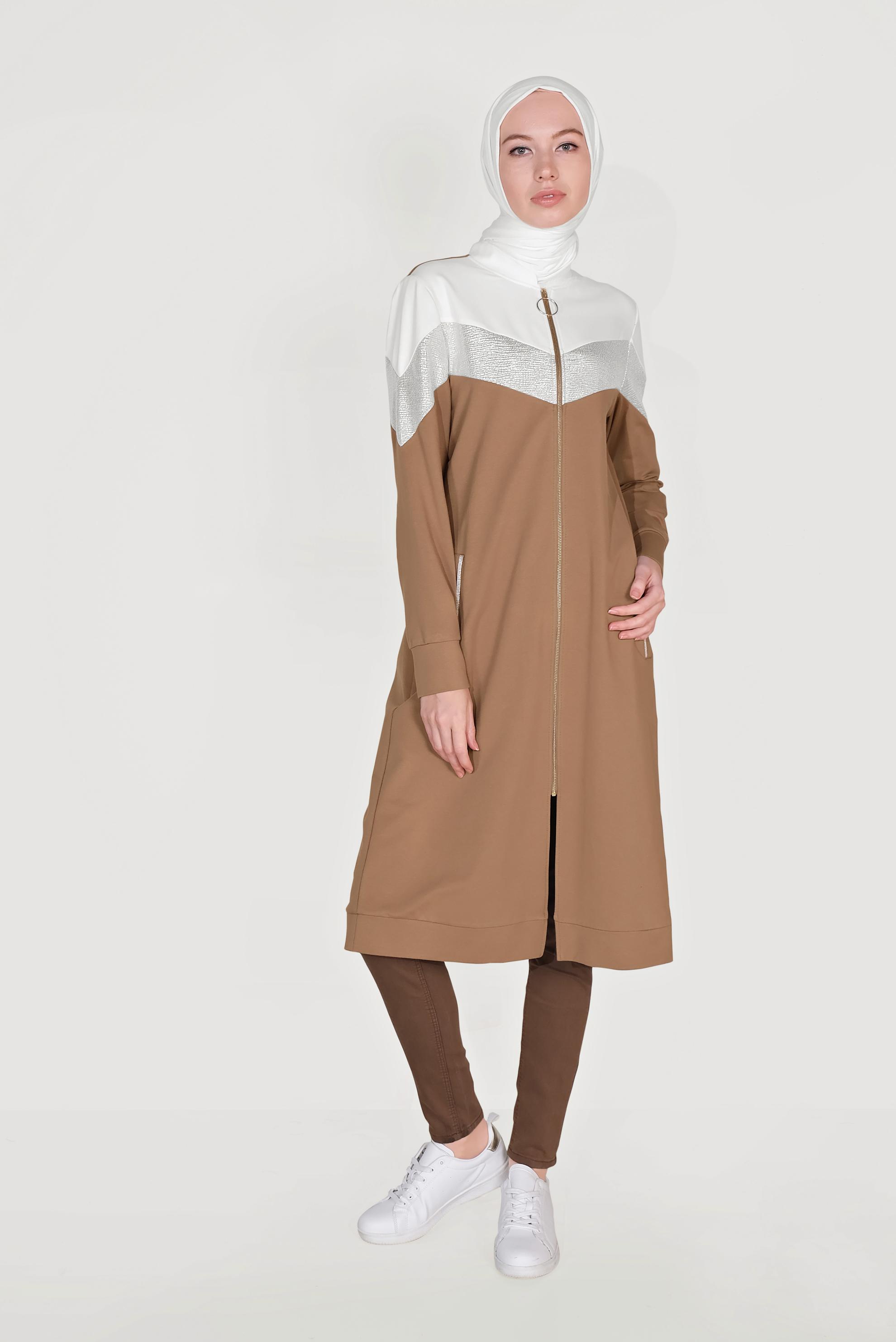 Hijab clothing BROWN ZIPPED COTTON TRACKSUIT TUNIC WITH MANDARIN COLLAR 40724