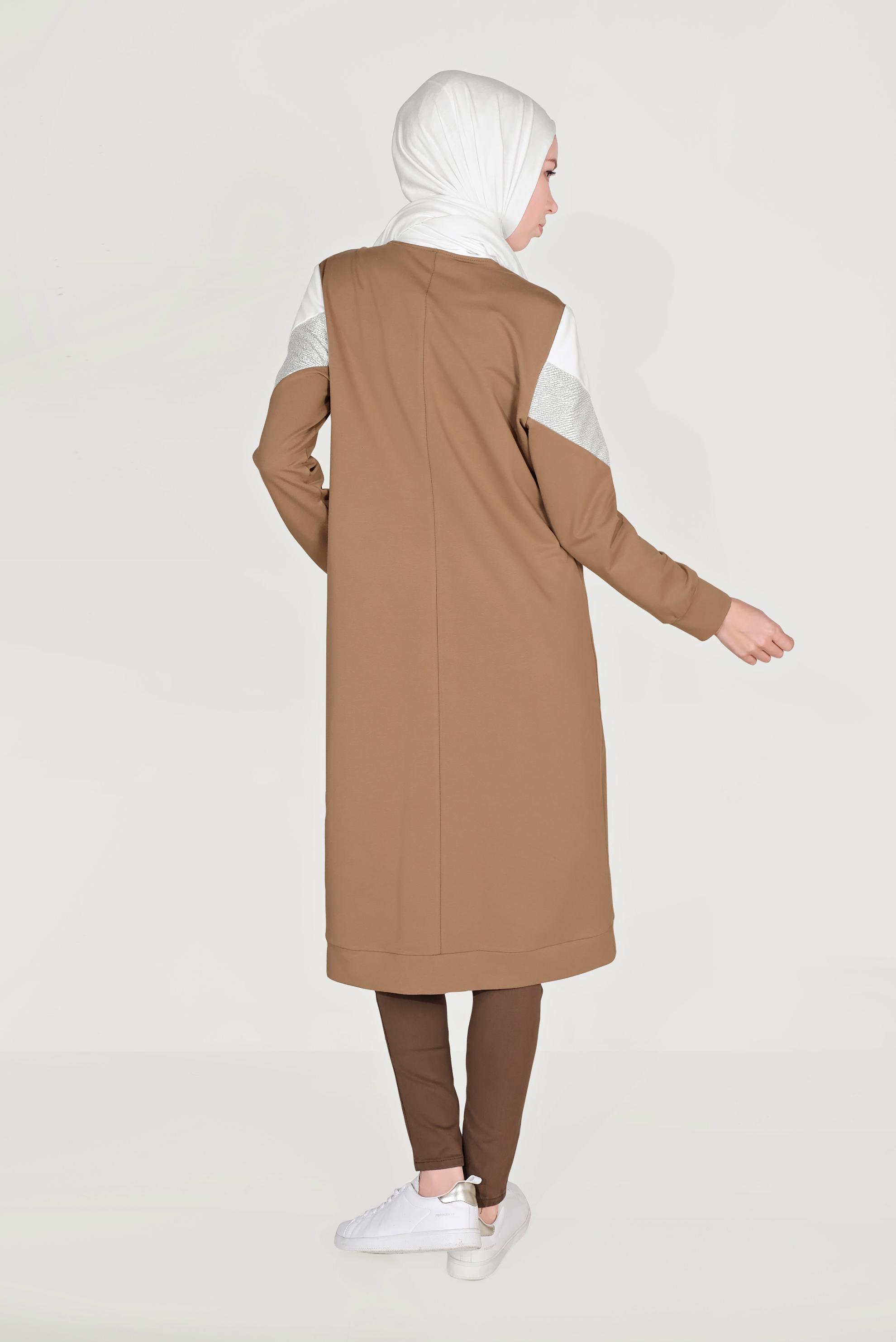 Hijab clothing BROWN ZIPPED COTTON TRACKSUIT TUNIC WITH MANDARIN COLLAR 40724