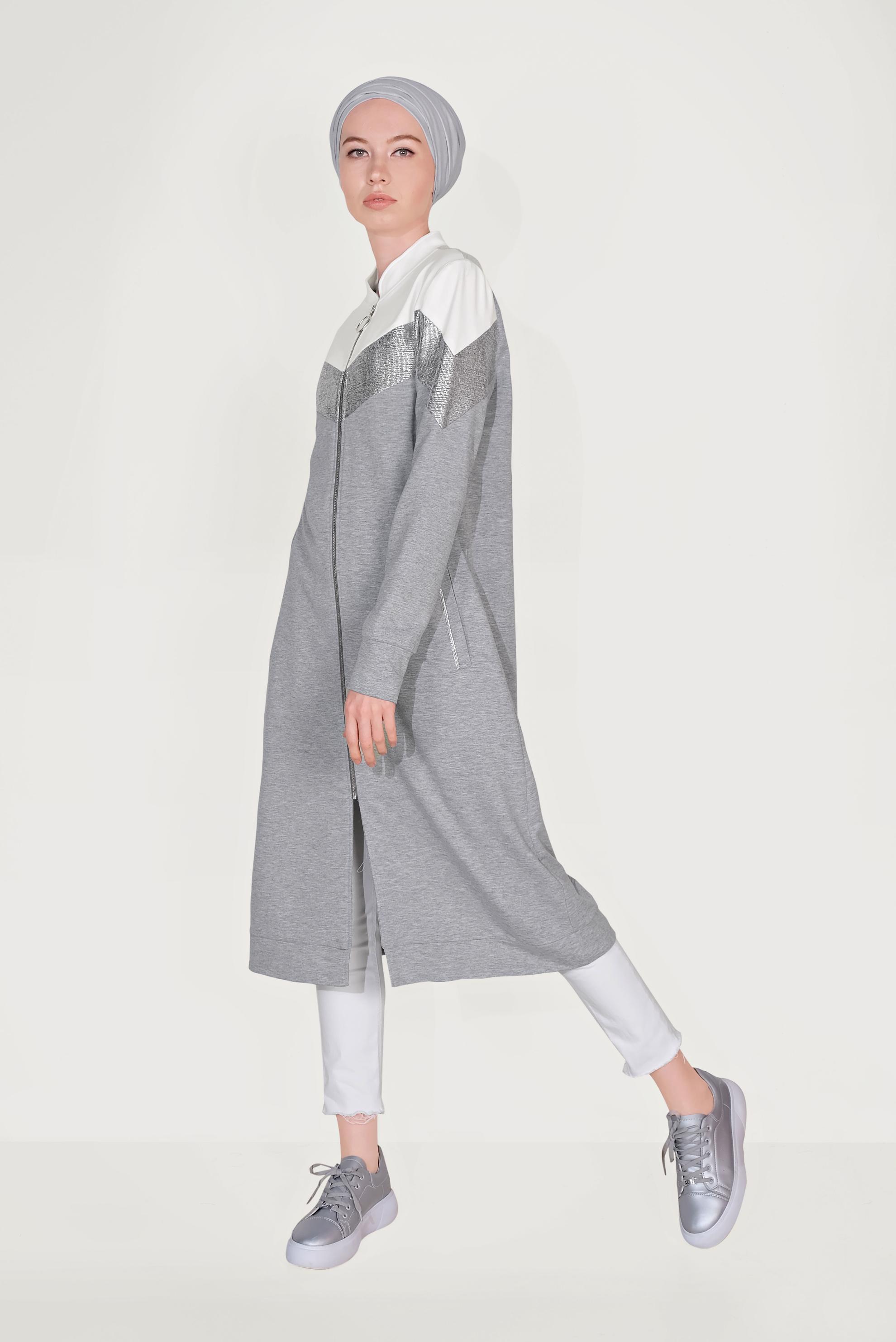 Tesettür giyim GRİ PAMUKLU FERMUARLI HAKİM YAKA EŞOFMAN TUNİK 40724 