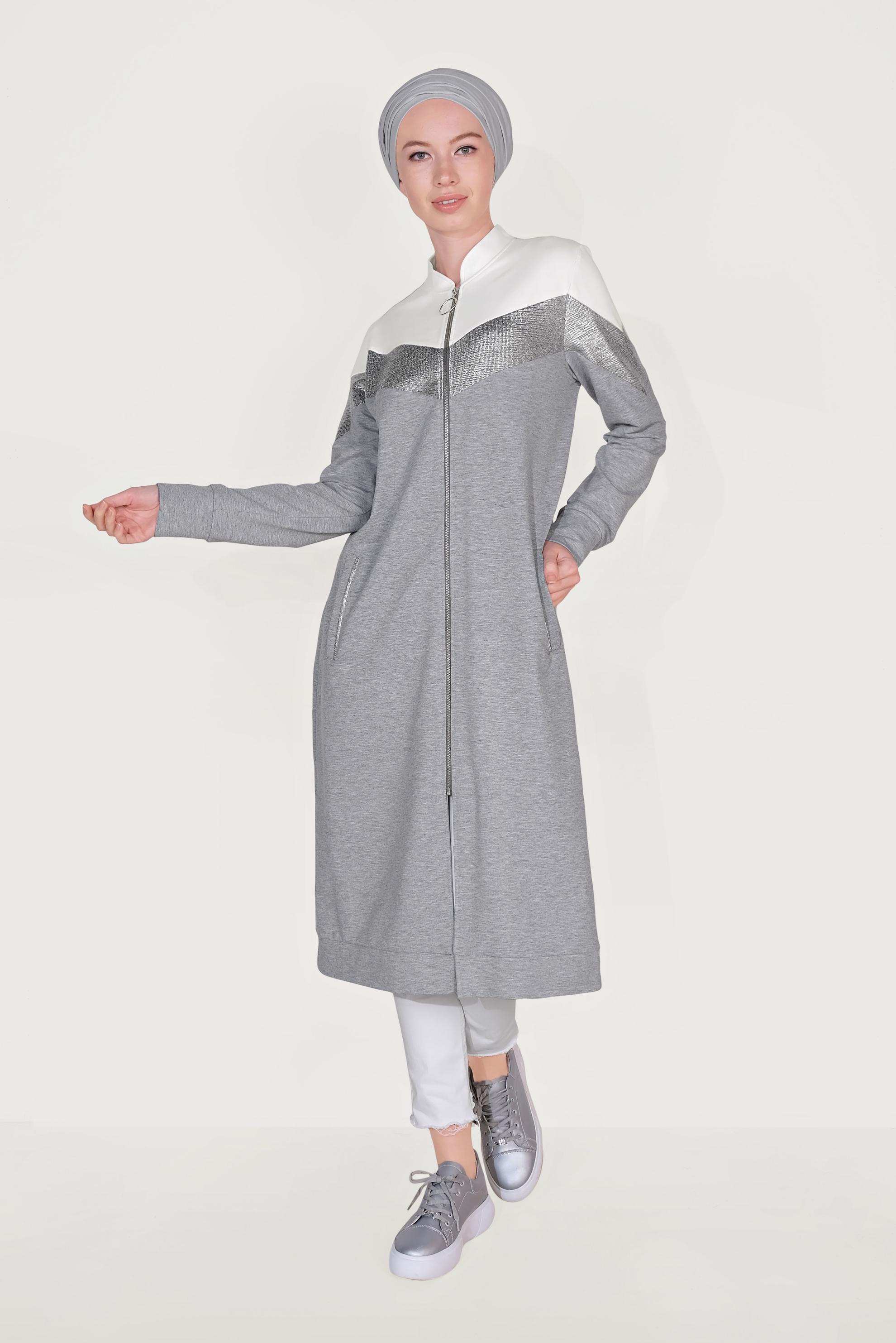 Tesettür giyim GRİ PAMUKLU FERMUARLI HAKİM YAKA EŞOFMAN TUNİK 40724 