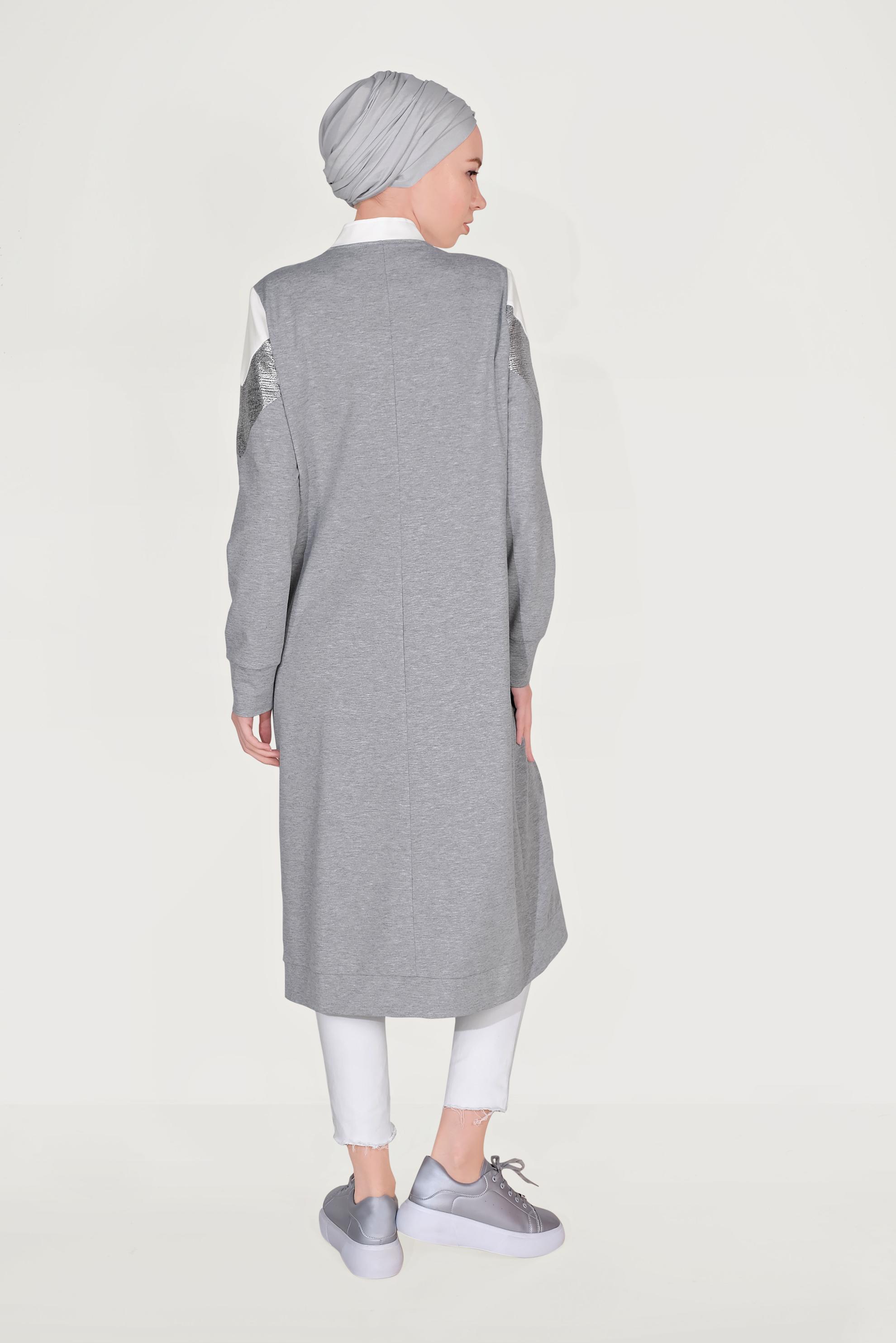 Tesettür giyim GRİ PAMUKLU FERMUARLI HAKİM YAKA EŞOFMAN TUNİK 40724 