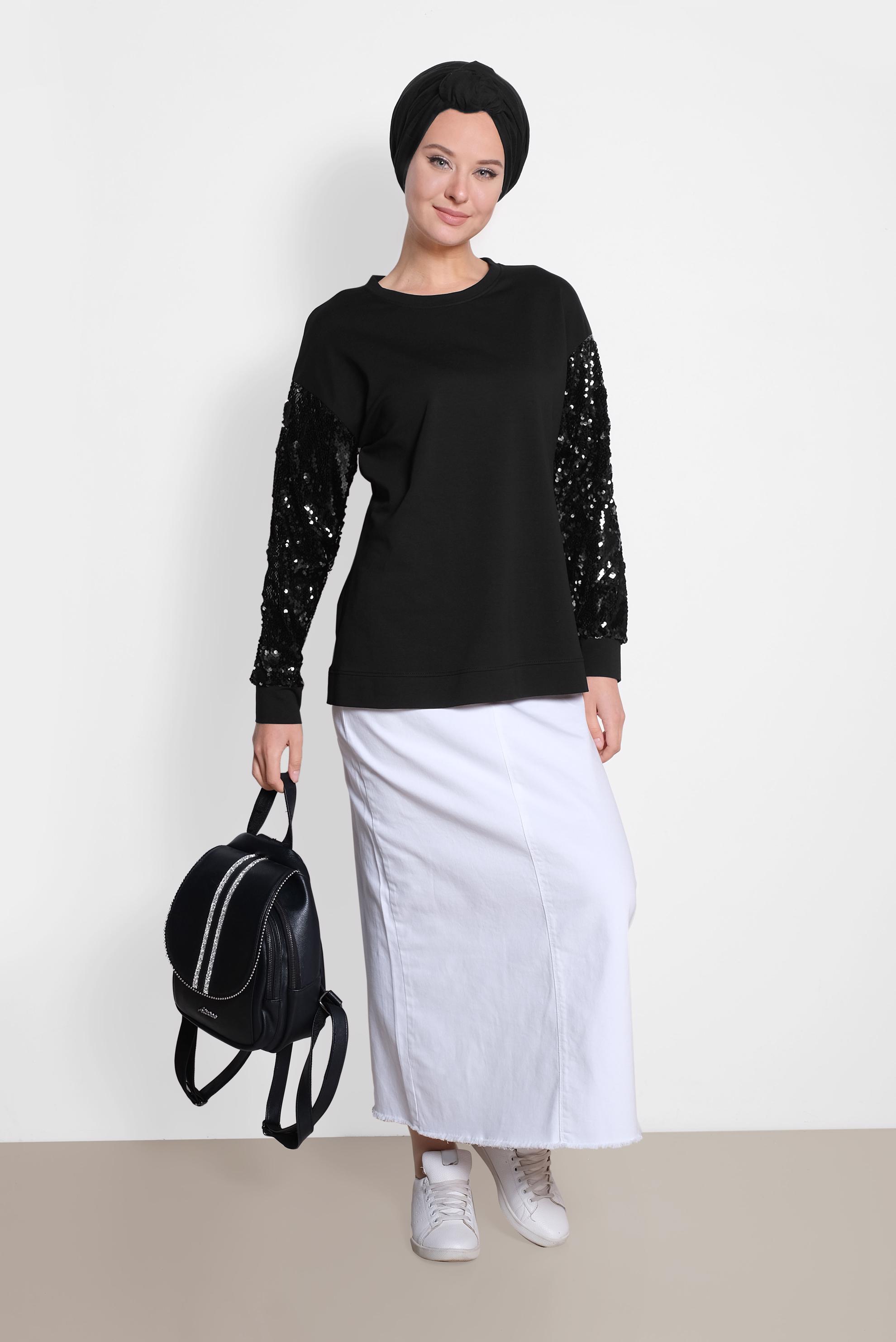 Tesettür giyim SİYAH KOLLARI PUL PAYET İŞLEMELİ EŞOFMAN TUNİK 4074