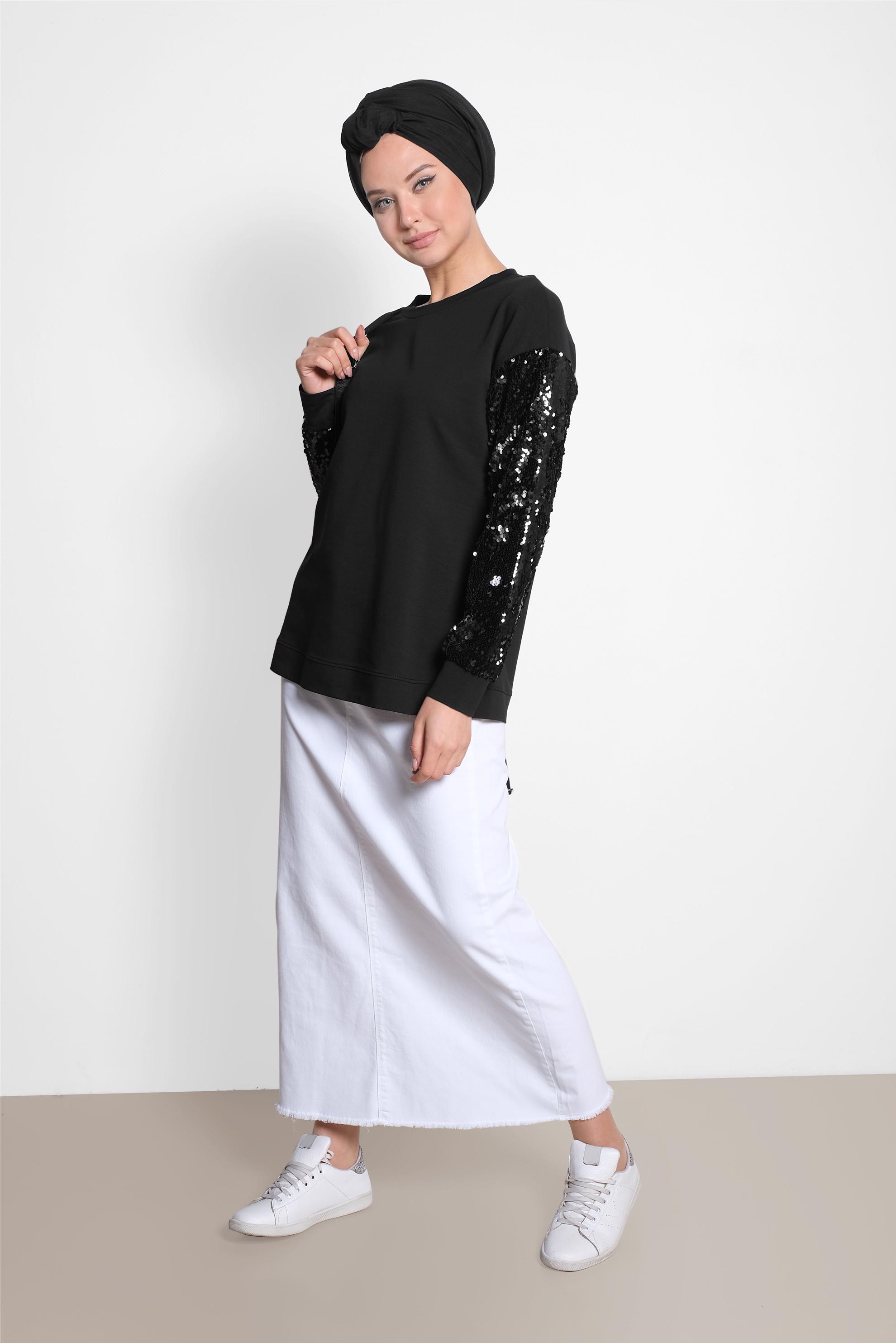 Tesettür giyim SİYAH KOLLARI PUL PAYET İŞLEMELİ EŞOFMAN TUNİK 4074