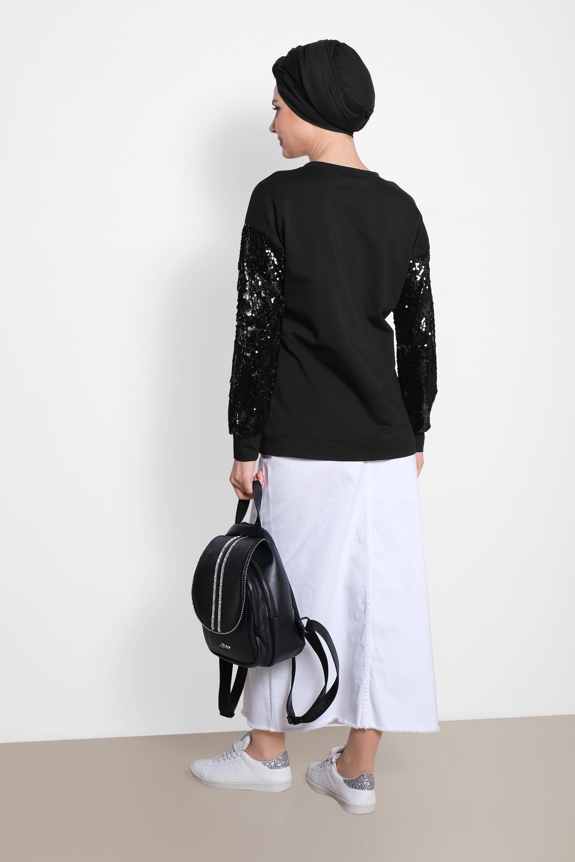 Tesettür giyim SİYAH KOLLARI PUL PAYET İŞLEMELİ EŞOFMAN TUNİK 4074