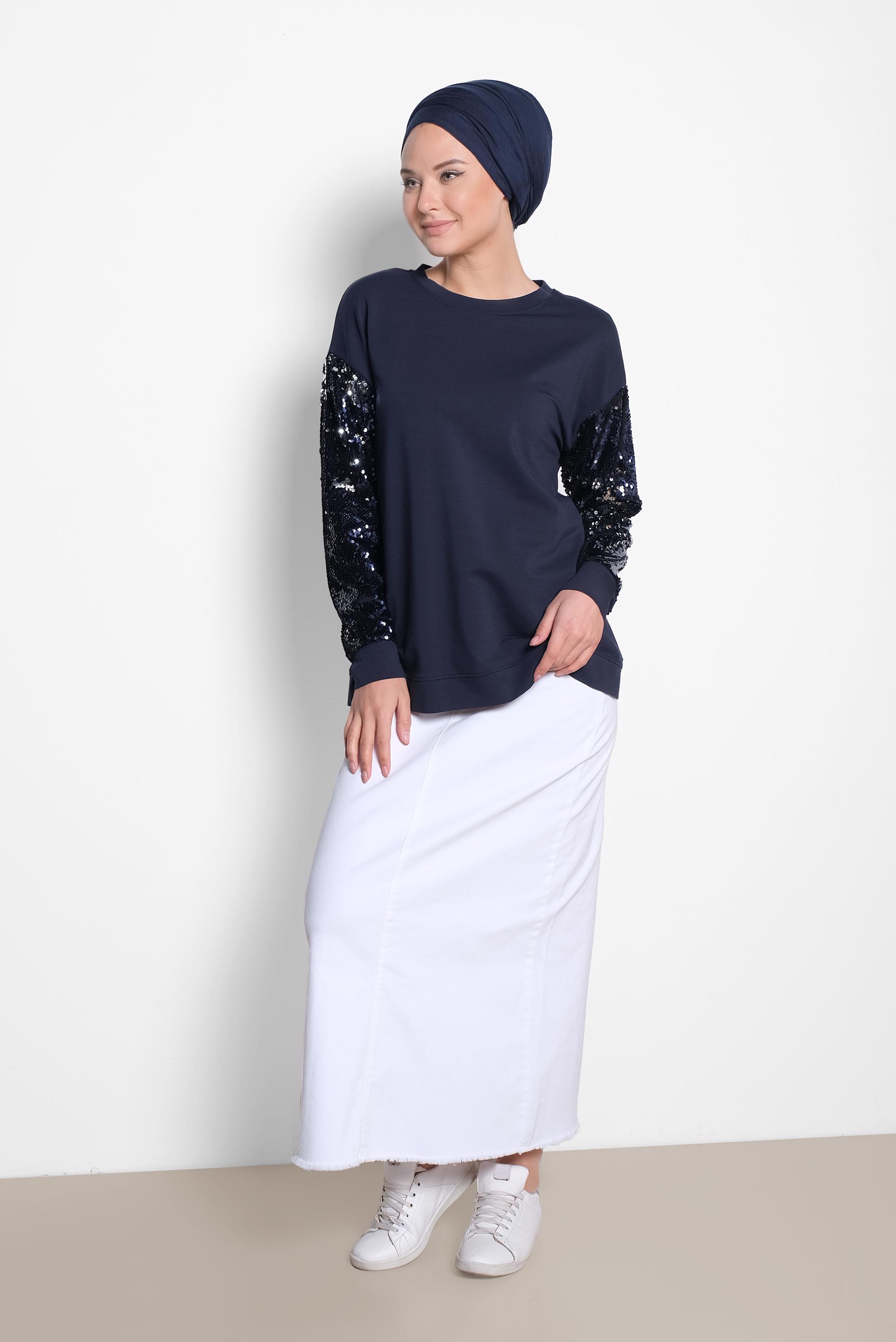 Tesettür giyim LACİVERT KOLLARI PUL PAYET İŞLEMELİ EŞOFMAN TUNİK 4074