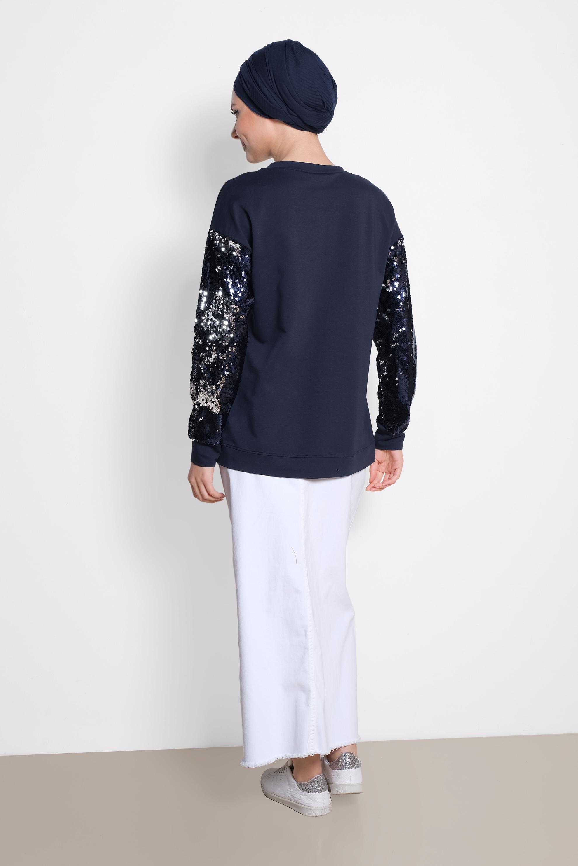 Tesettür giyim LACİVERT KOLLARI PUL PAYET İŞLEMELİ EŞOFMAN TUNİK 4074