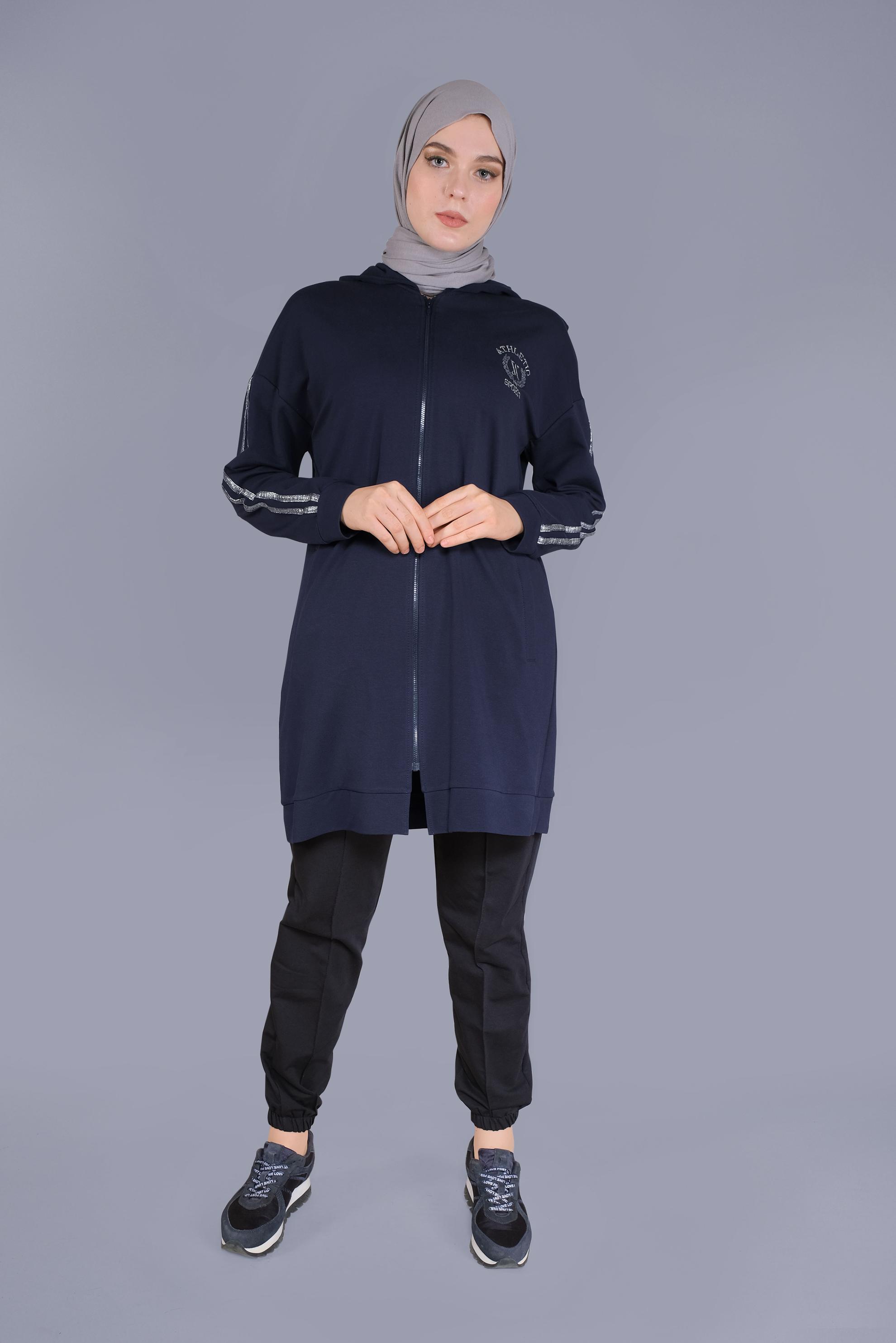 Tesettür giyim LACİVERT ŞERİT DETAYLI FERMUARLI EŞOFMAN TUNİK 40744 