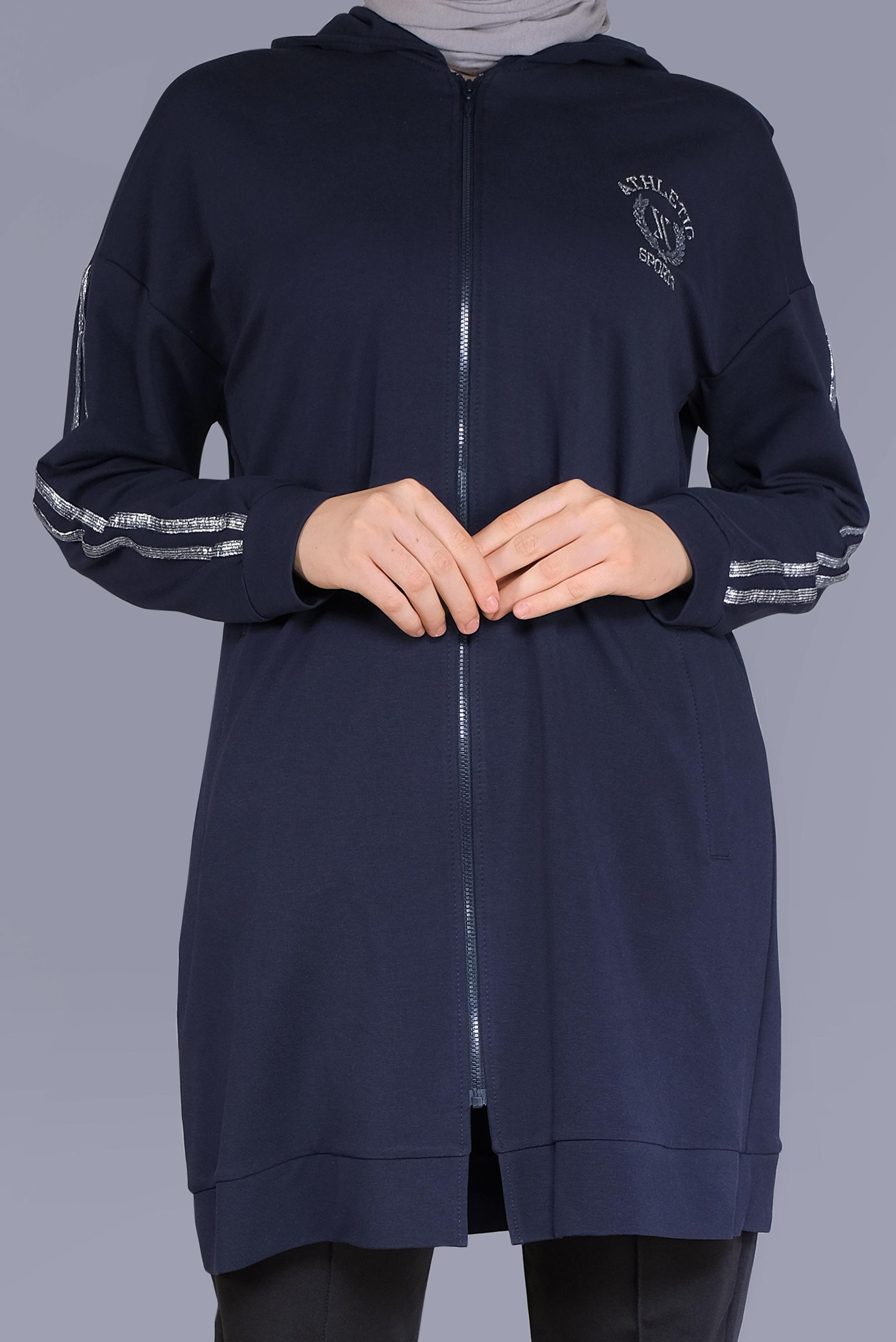 Tesettür giyim LACİVERT ŞERİT DETAYLI FERMUARLI EŞOFMAN TUNİK 40744 