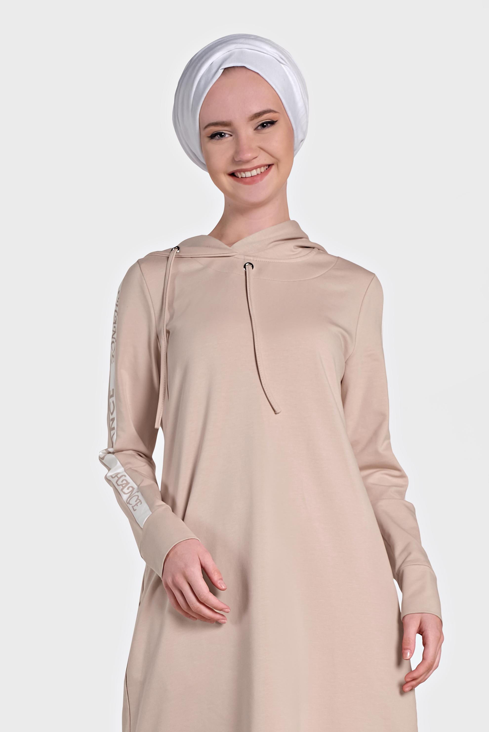 Tesettür giyim PUDRA ŞERİT DETAYLI İKİLİ PANTOLONLU TAKIM 4279