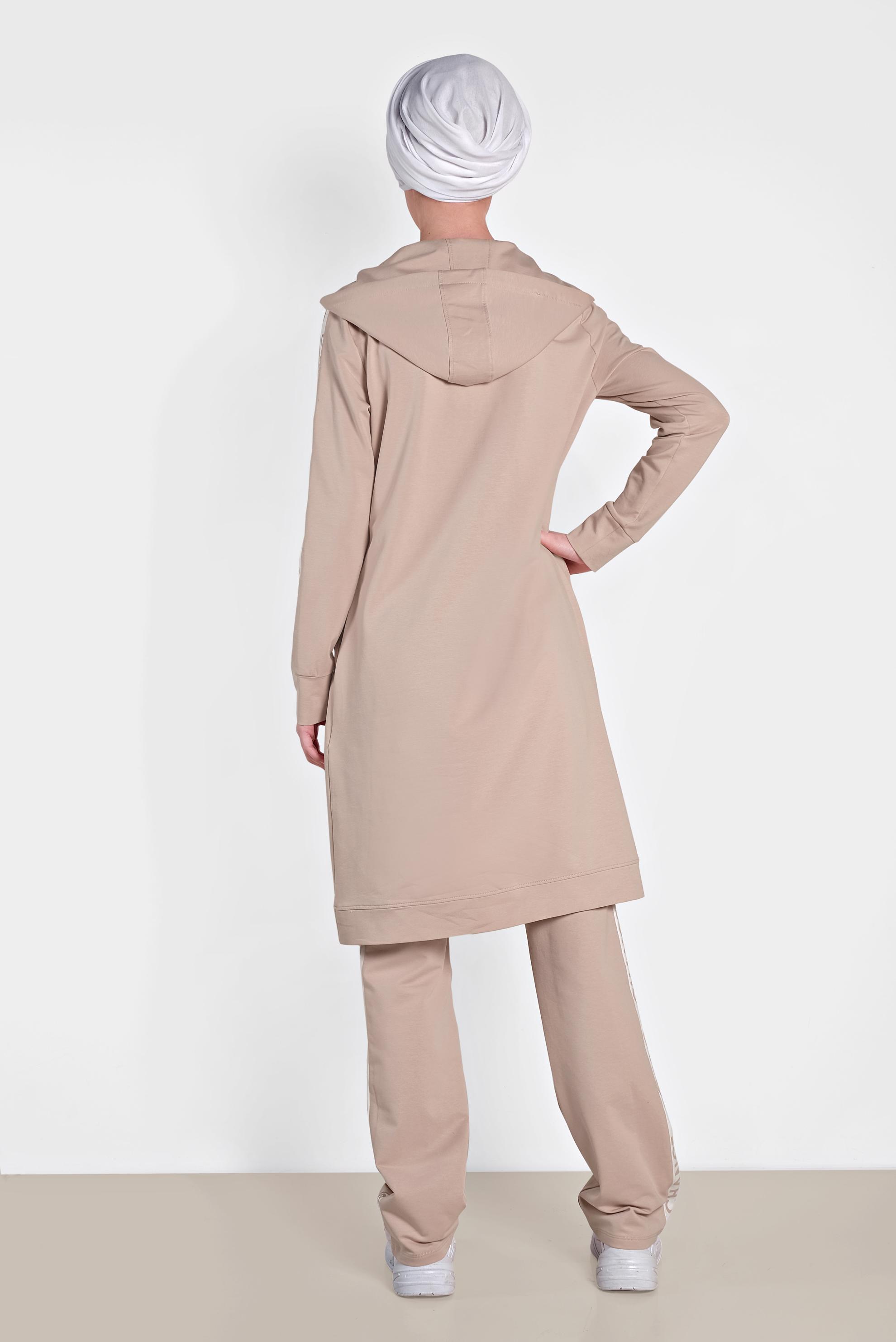 Tesettür giyim PUDRA ŞERİT DETAYLI İKİLİ PANTOLONLU TAKIM 4279