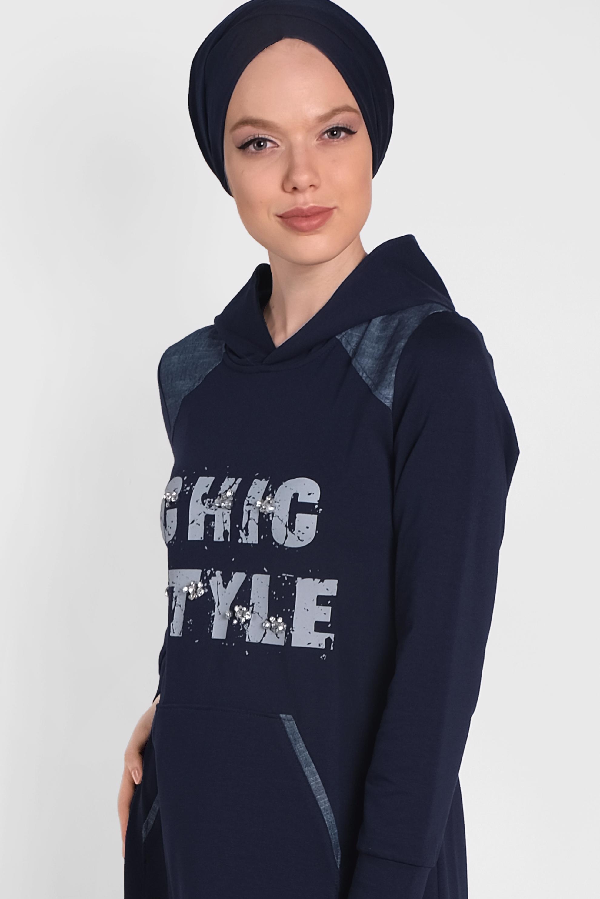 Tesettür giyim LACİVERT BASKILI VE BONCUK İŞLEMELİ EŞOFMAN ELBİSE 4280