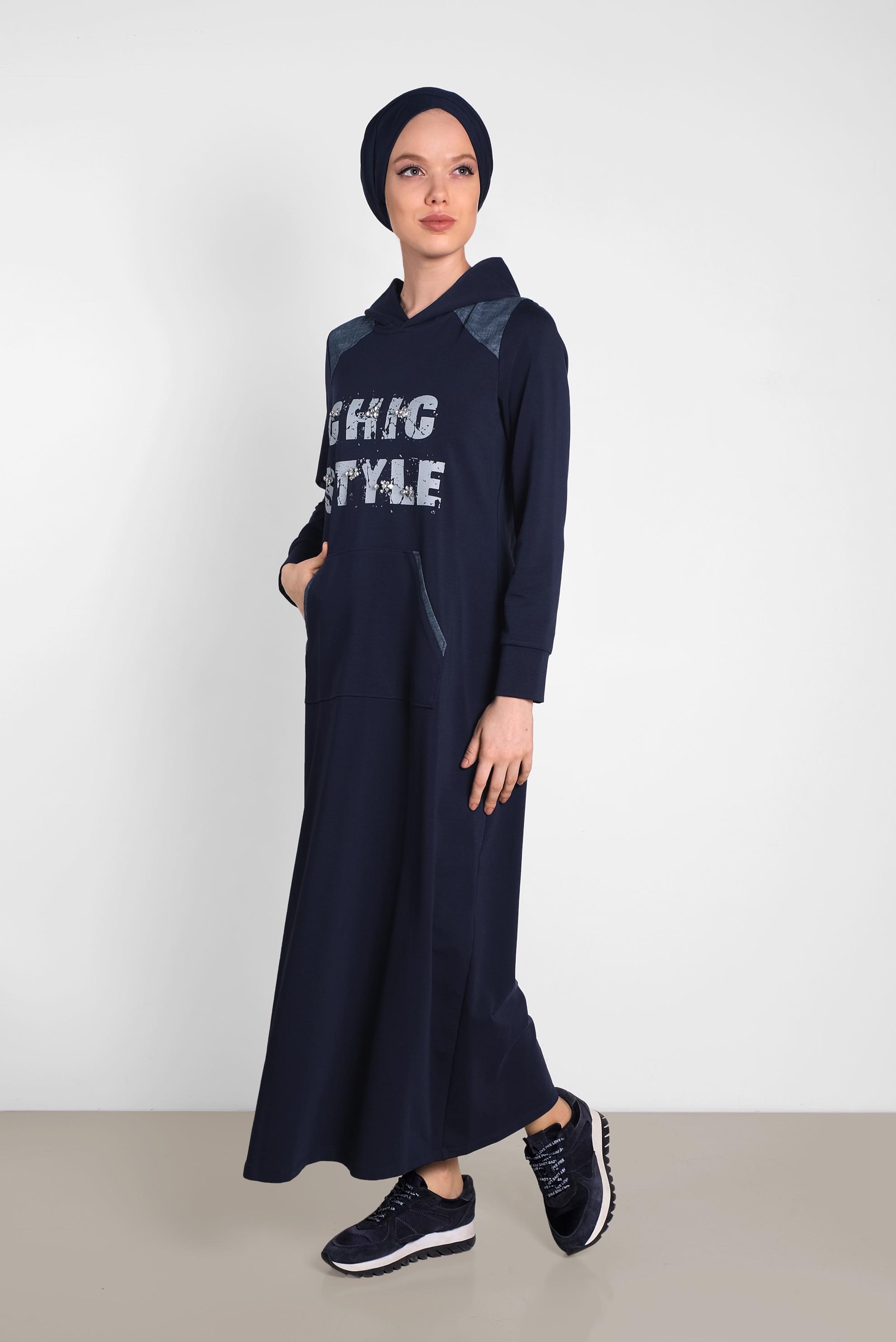 Tesettür giyim LACİVERT BASKILI VE BONCUK İŞLEMELİ EŞOFMAN ELBİSE 4280