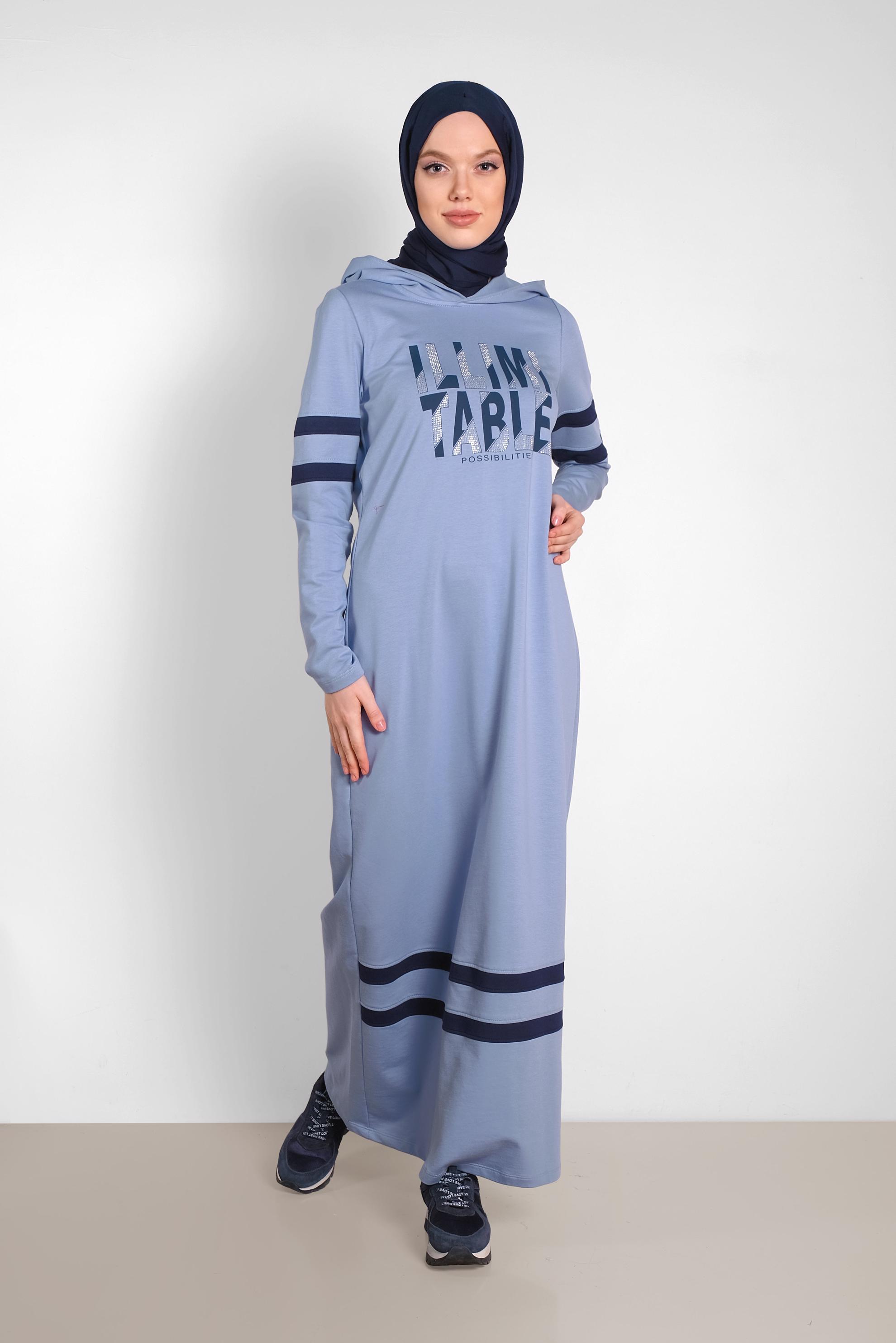 Tesettür giyim MAVİ BASKILI KAPÜŞONLU EŞOFMAN ELBİSE 4339