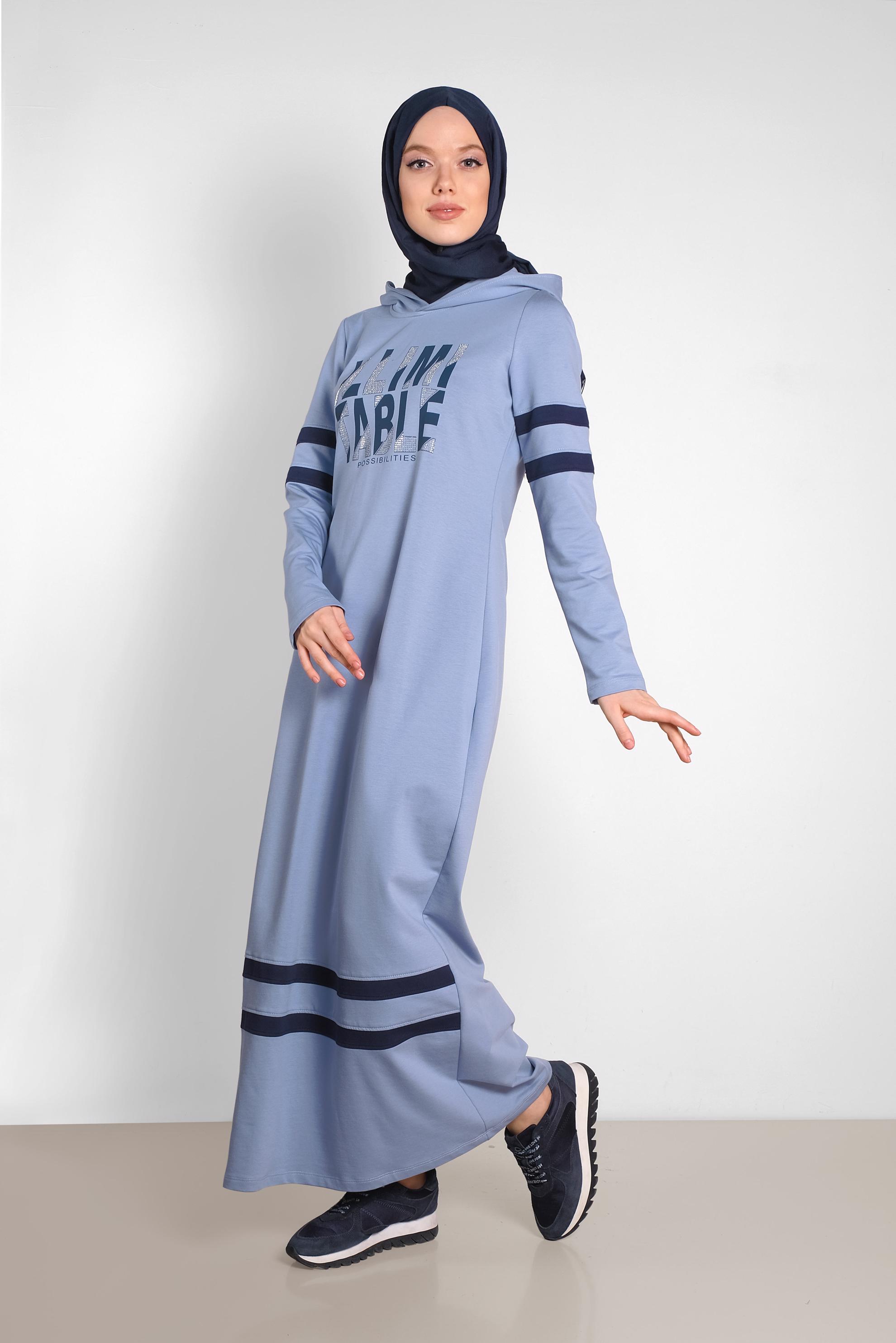 Tesettür giyim MAVİ BASKILI KAPÜŞONLU EŞOFMAN ELBİSE 4339