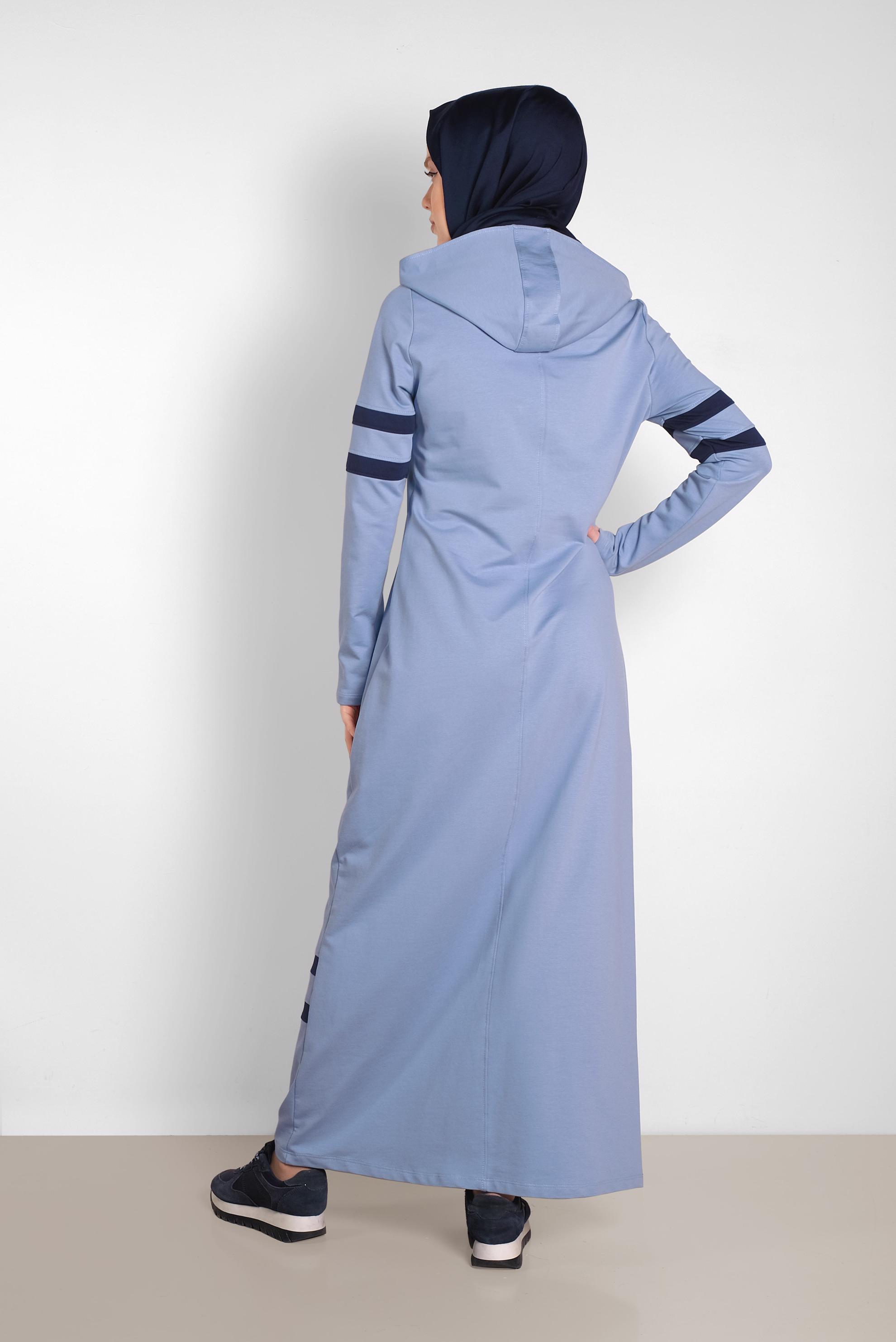 Tesettür giyim MAVİ BASKILI KAPÜŞONLU EŞOFMAN ELBİSE 4339