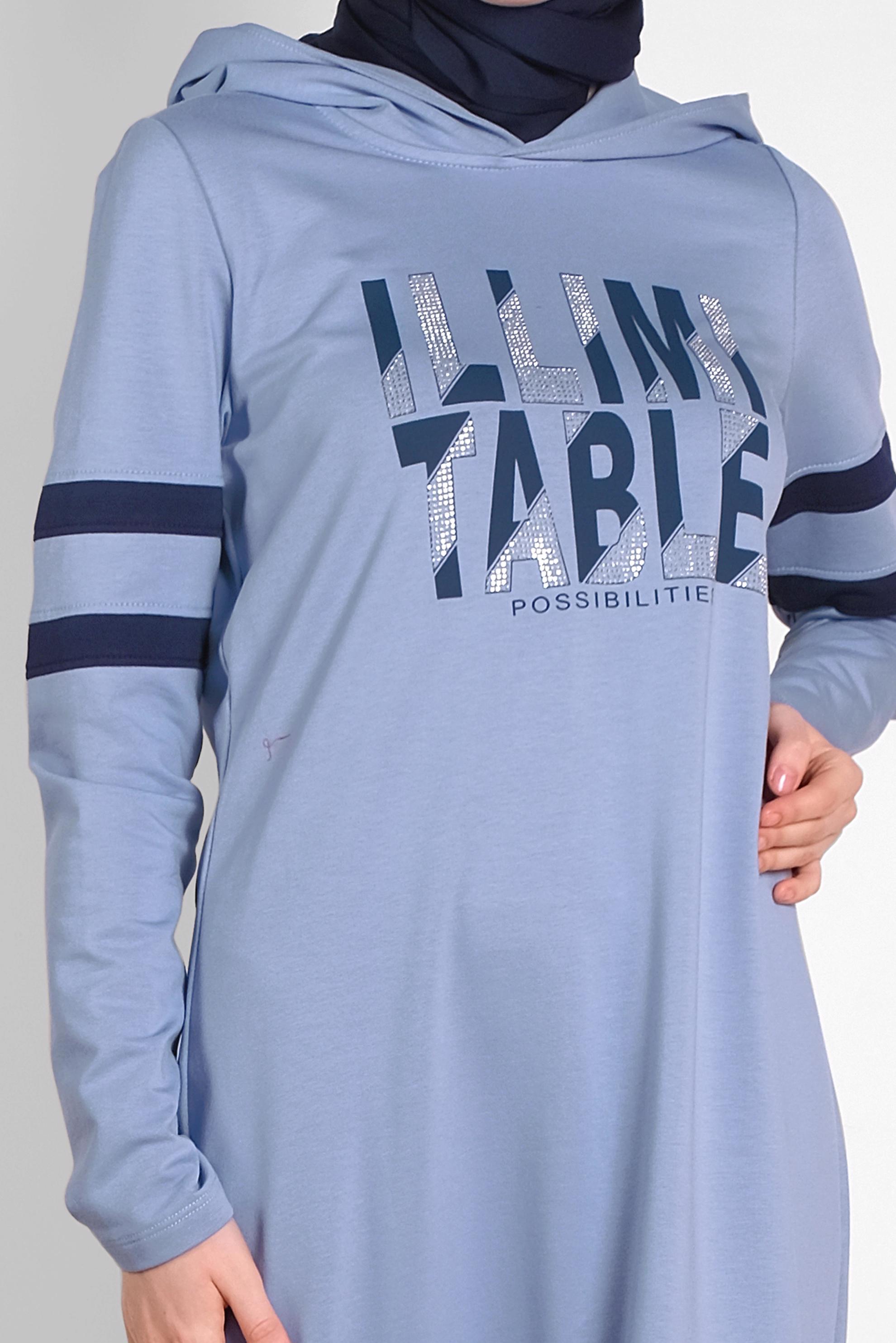 Tesettür giyim MAVİ BASKILI KAPÜŞONLU EŞOFMAN ELBİSE 4339