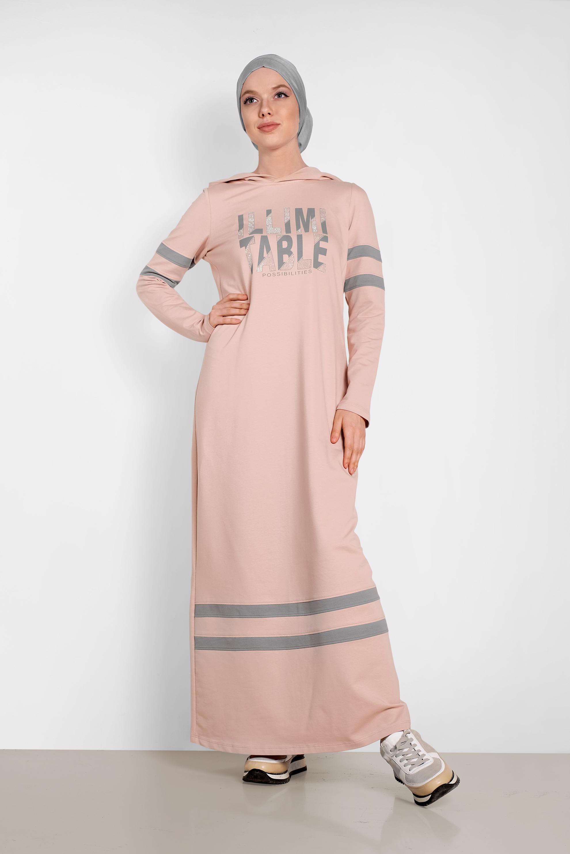 Tesettür giyim PUDRA BASKILI KAPÜŞONLU EŞOFMAN ELBİSE 4339