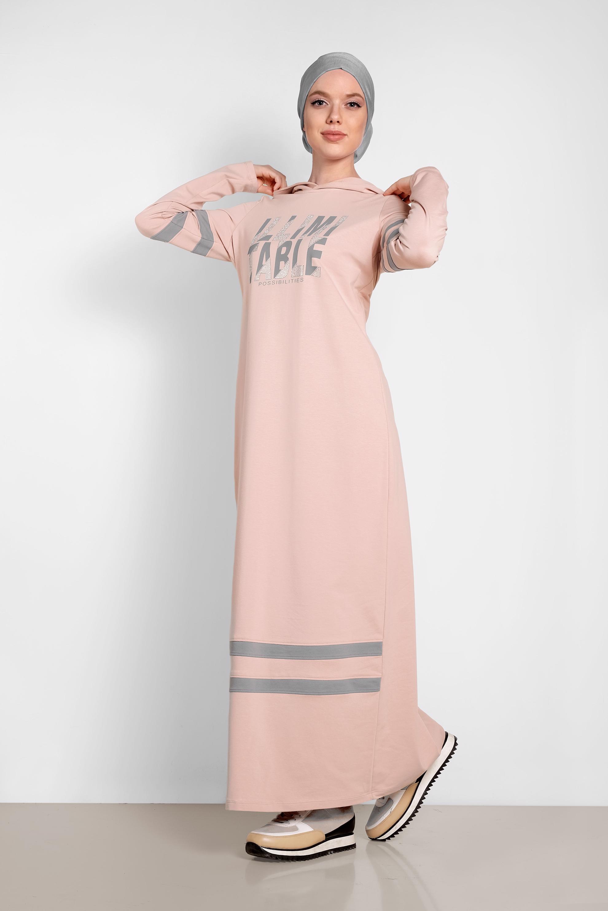 Tesettür giyim PUDRA BASKILI KAPÜŞONLU EŞOFMAN ELBİSE 4339