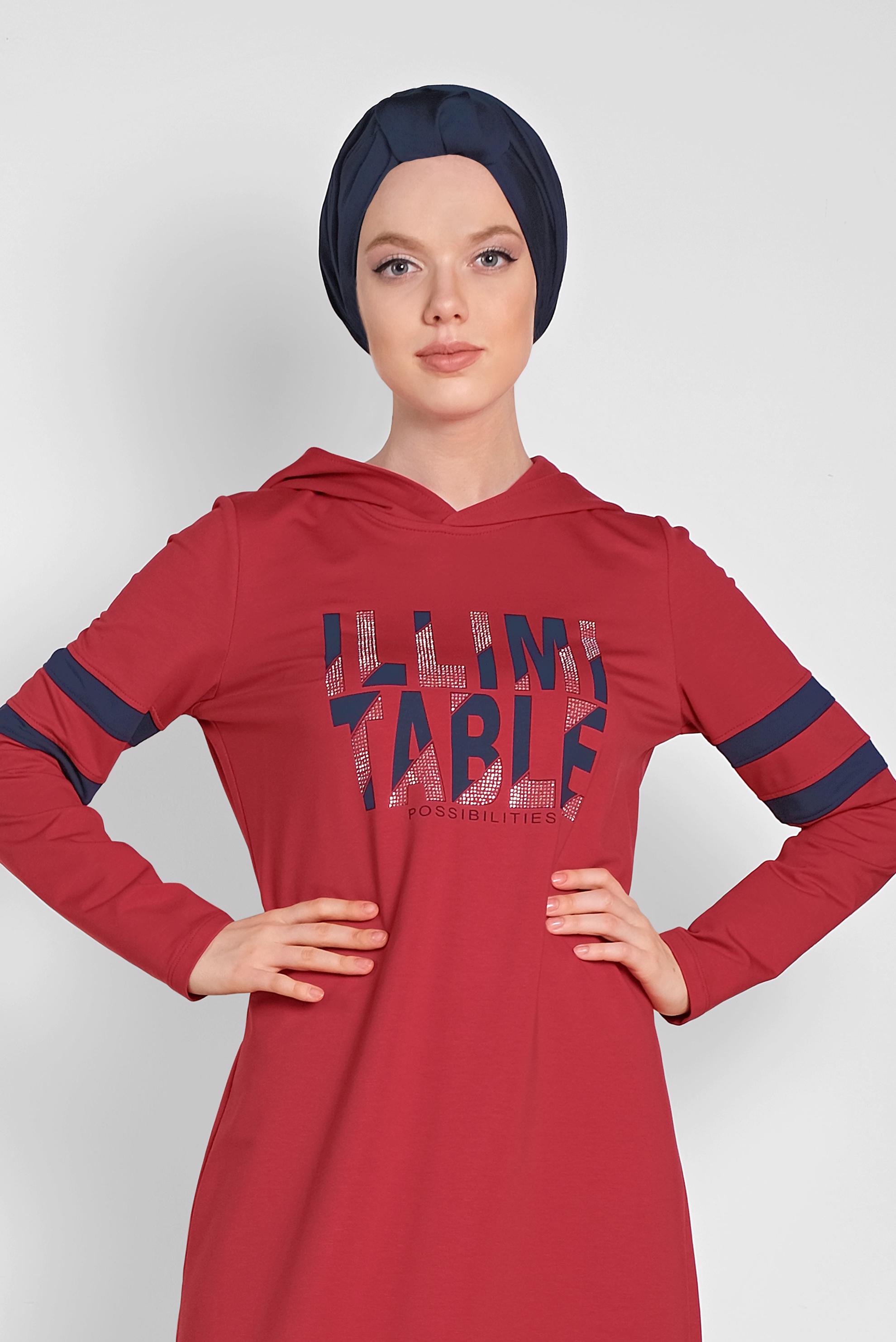 Tesettür giyim BORDO BASKILI KAPÜŞONLU EŞOFMAN ELBİSE 4339