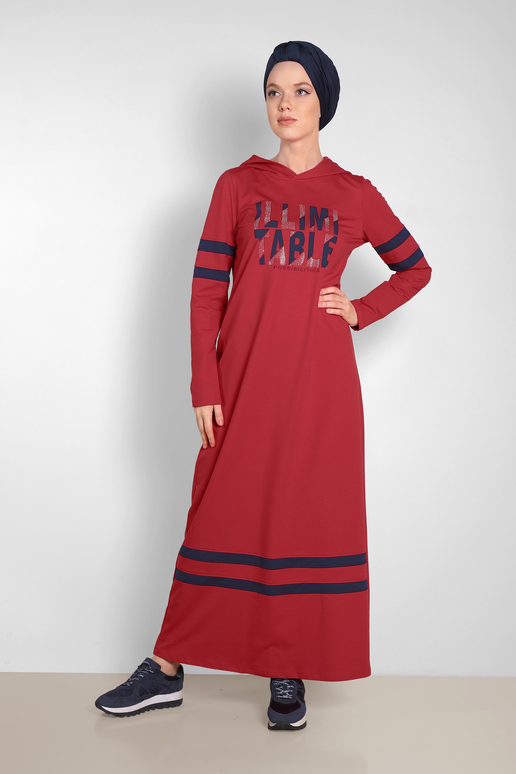 Tesettür giyim BORDO BASKILI KAPÜŞONLU EŞOFMAN ELBİSE 4339