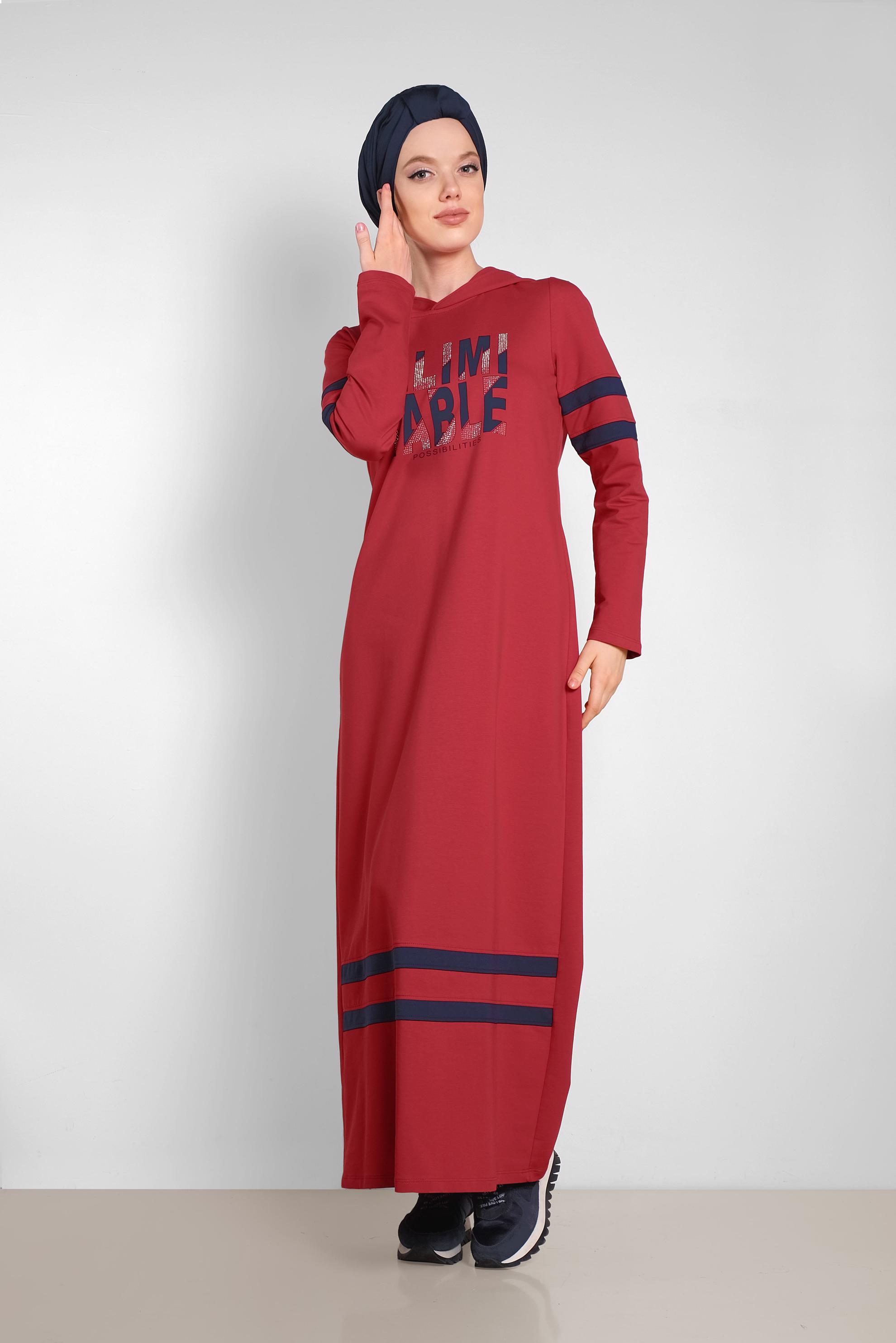 Tesettür giyim BORDO BASKILI KAPÜŞONLU EŞOFMAN ELBİSE 4339