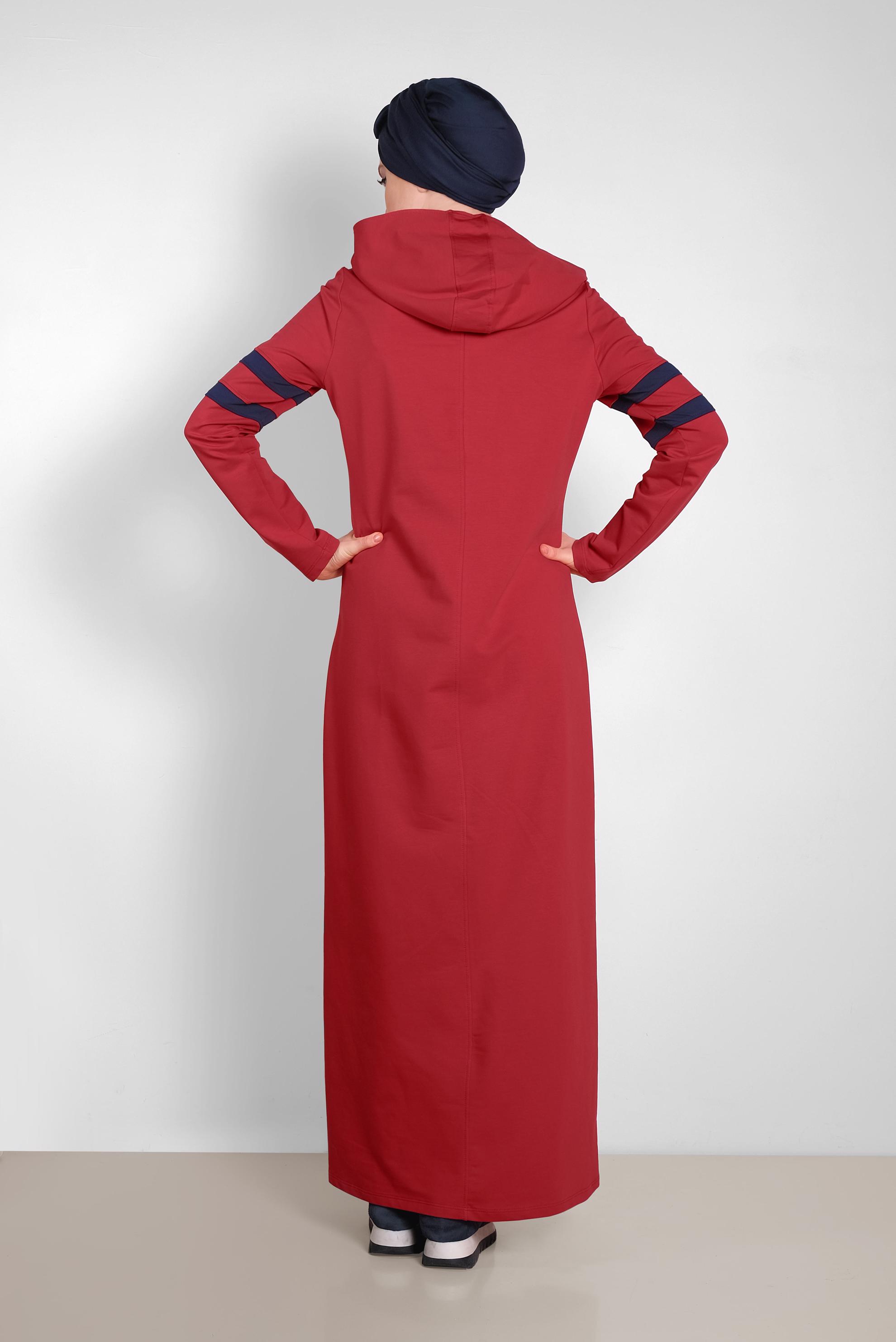 Tesettür giyim BORDO BASKILI KAPÜŞONLU EŞOFMAN ELBİSE 4339