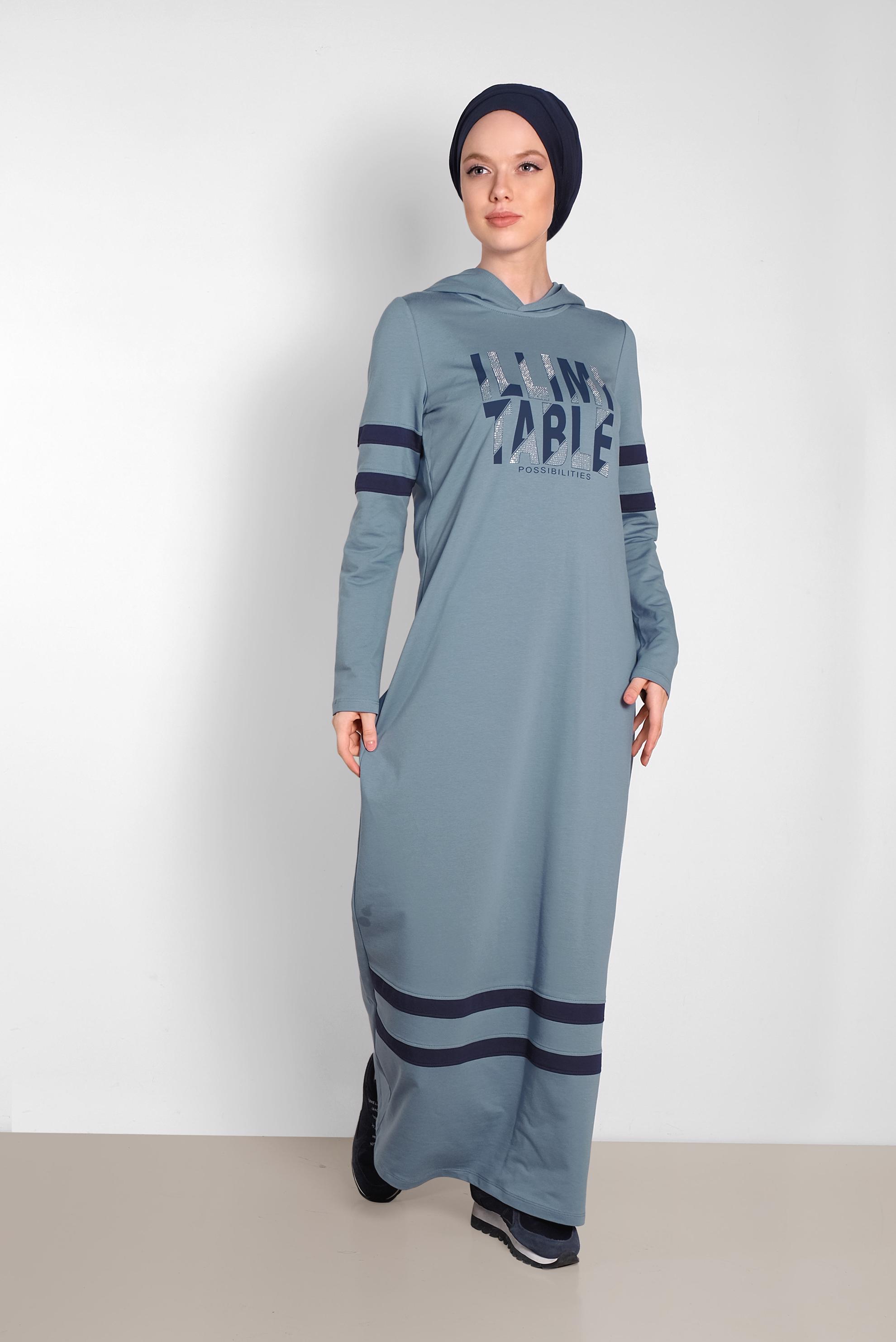 Tesettür giyim MAVİ BASKILI KAPÜŞONLU EŞOFMAN ELBİSE 4339
