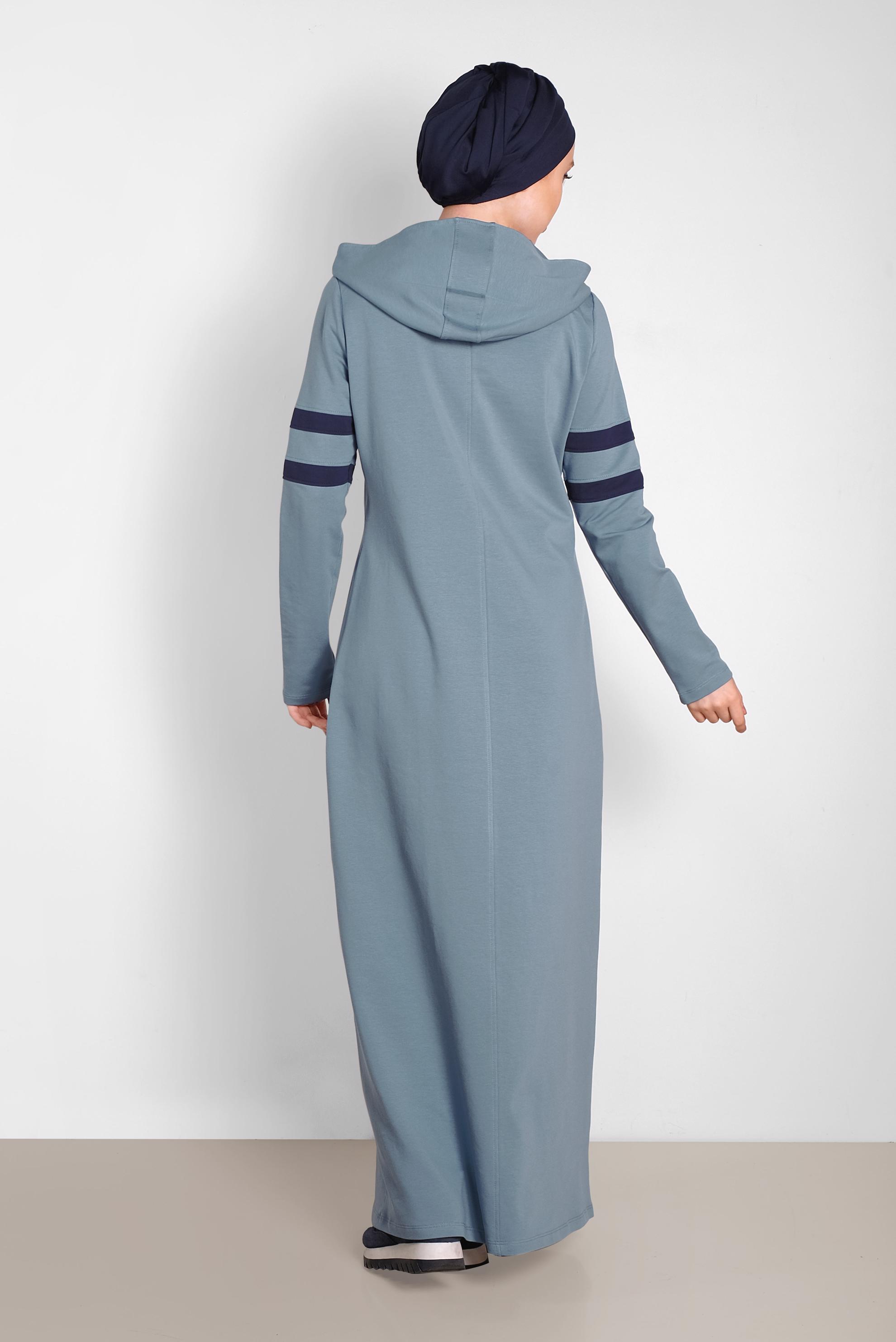 Tesettür giyim MAVİ BASKILI KAPÜŞONLU EŞOFMAN ELBİSE 4339