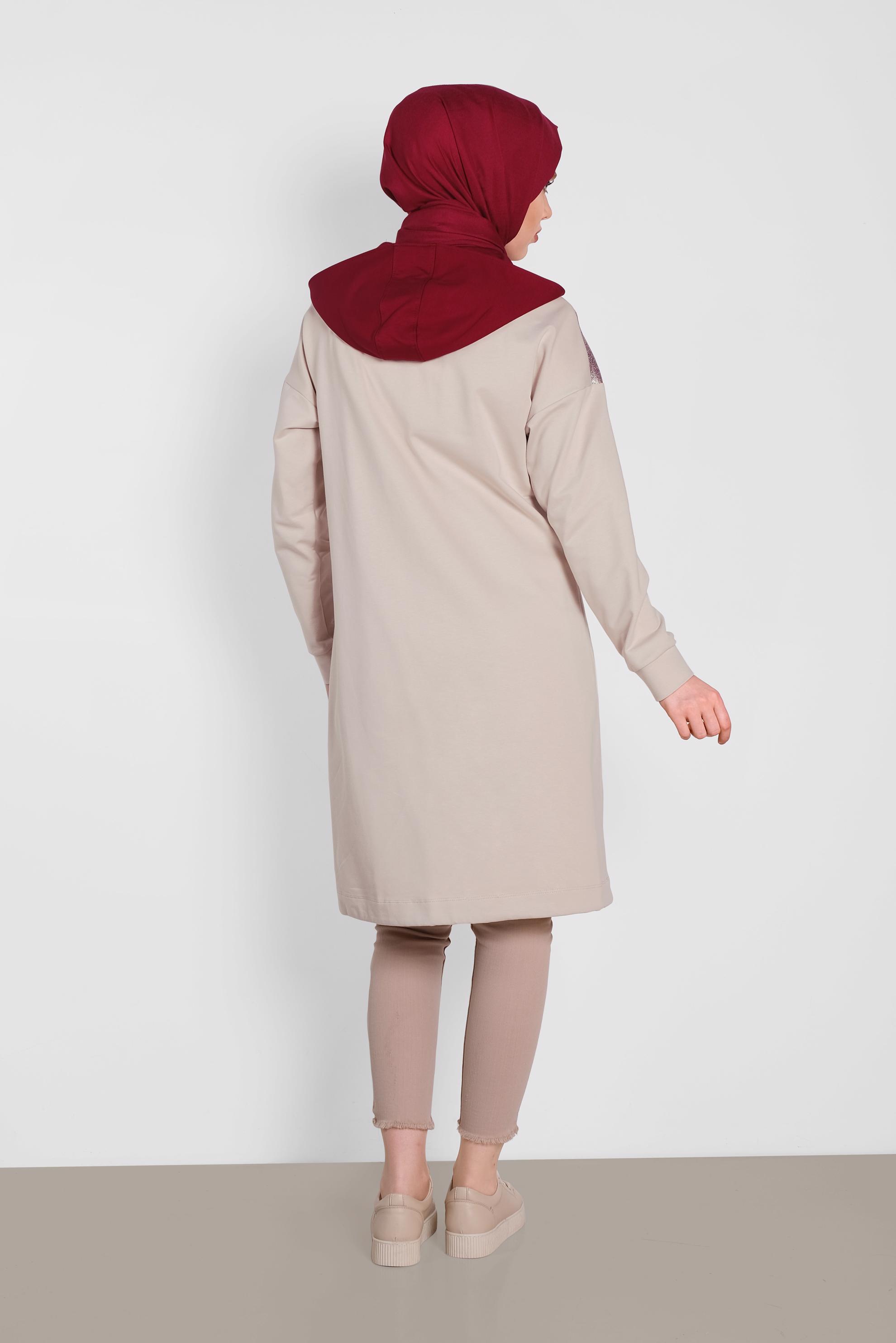 Tesettür giyim BEJ SİMLİ ETEK UCU BÜZGÜLÜ EŞOFMAN TUNİK 4483